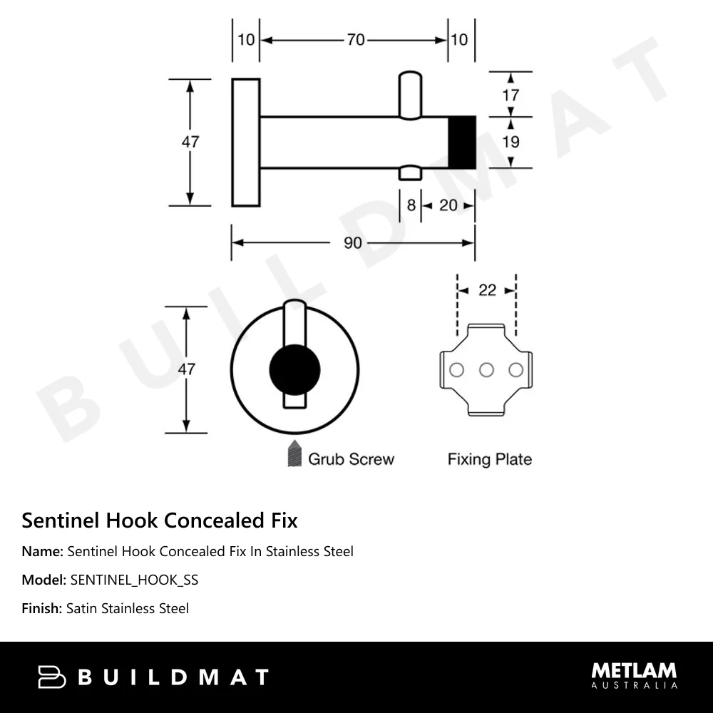 Metlam Sentinel Hook Concealed Fix In Stainless Steel - Image 4