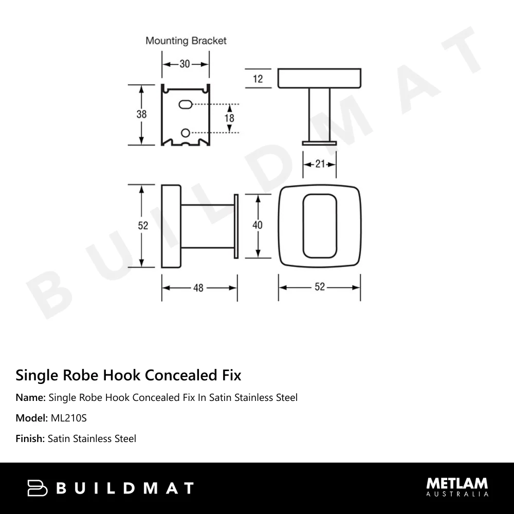 Metlam Single Robe Hook Concealed Fix In Satin Stainless Steel - Image 4