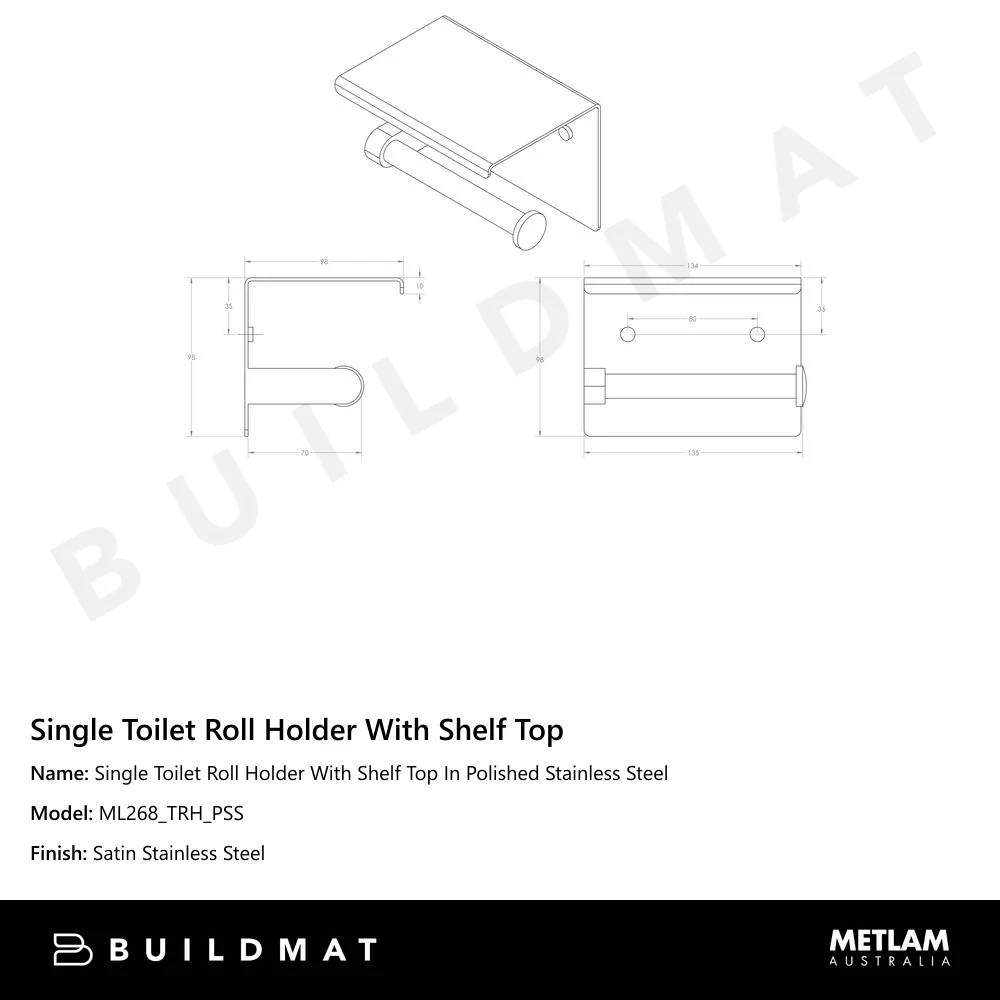 Metlam Single Toilet Roll Holder With Shelf Top In Polished Stainless Steel - Image 4