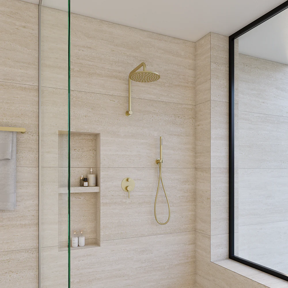 Alma Mira Brushed Brass Gold High Rise Upswept Shower Arm - Image 4