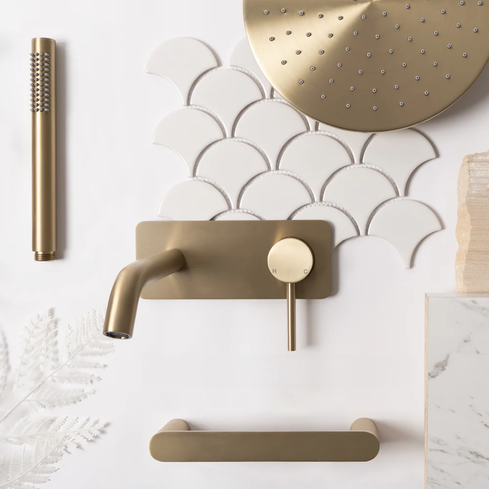 Alma Mira Brushed Brass Gold Wall Mixer and Spout - Image 10