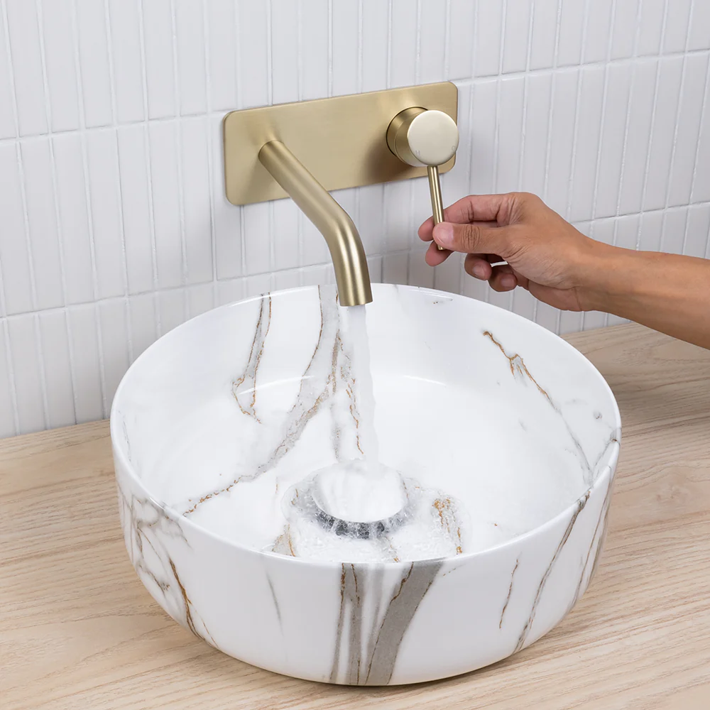 Alma Mira Brushed Brass Gold Wall Mixer and Spout - Image 4