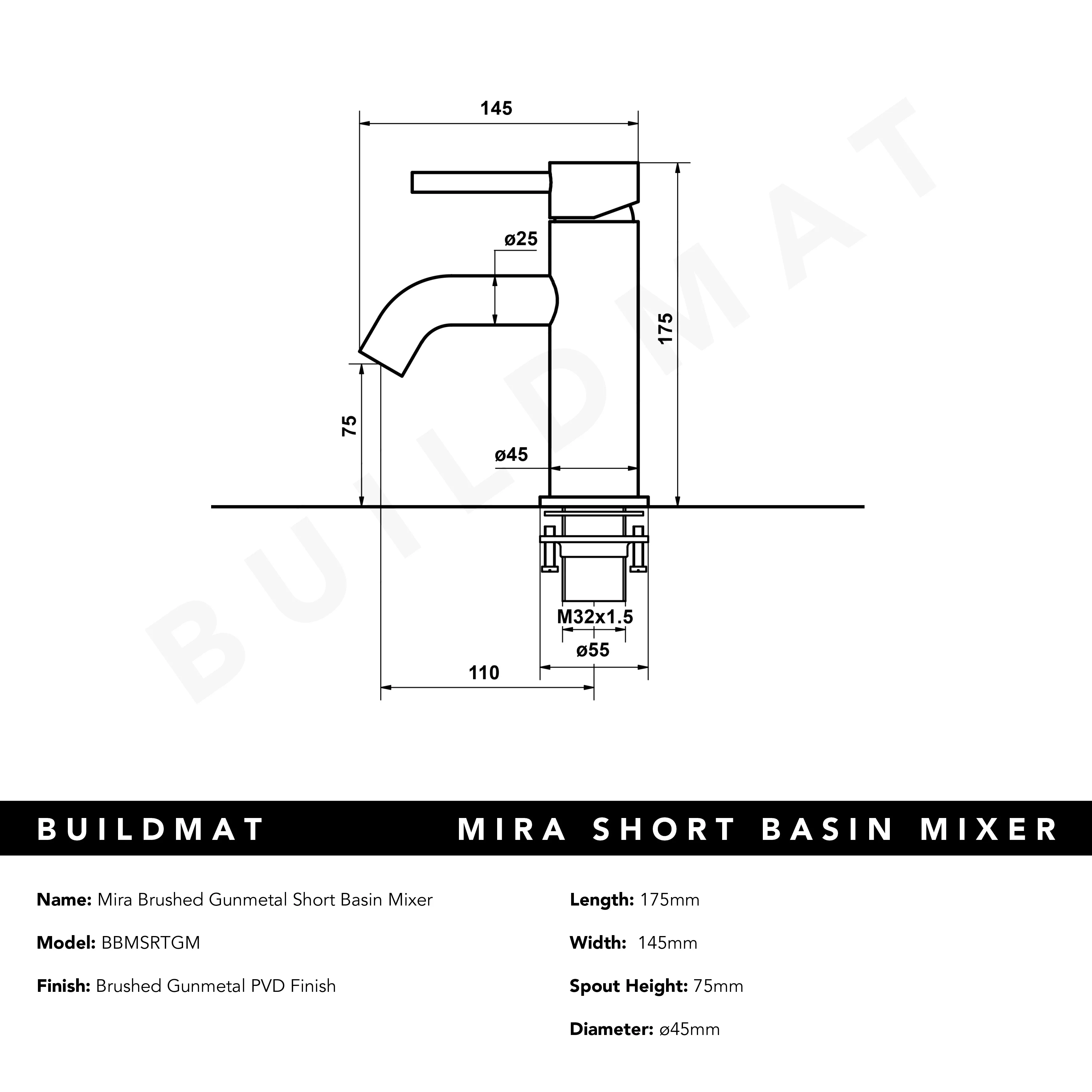 Alma Mira Brushed Gunmetal Short Basin Mixer - Image 8