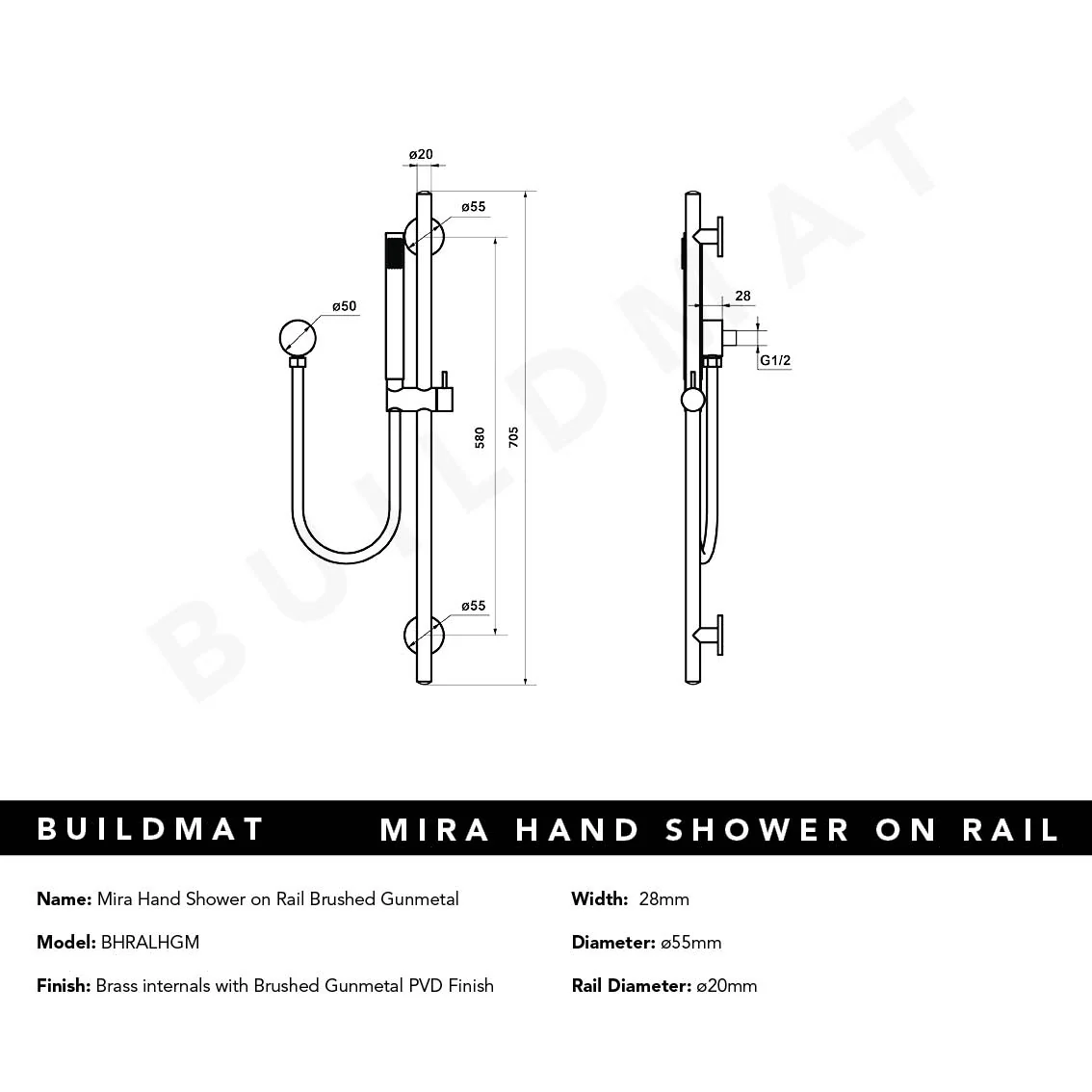 Alma Mira Brushed Gunmetal Shower on Rail - Image 4