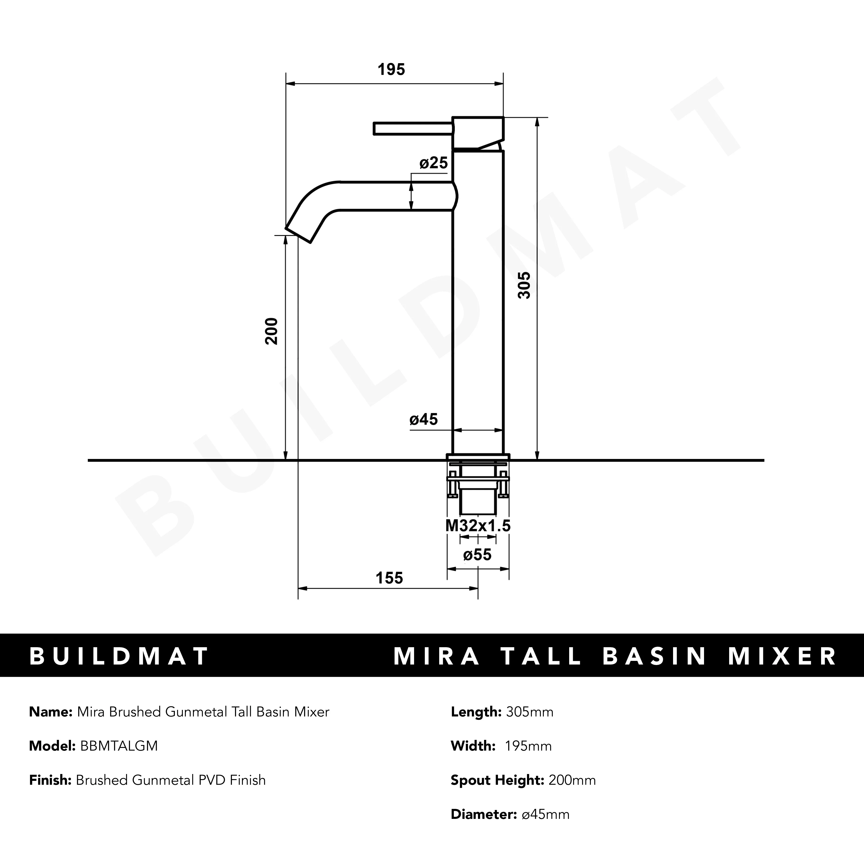 Alma Mira Brushed Gunmetal Tall Basin Mixer - Image 10