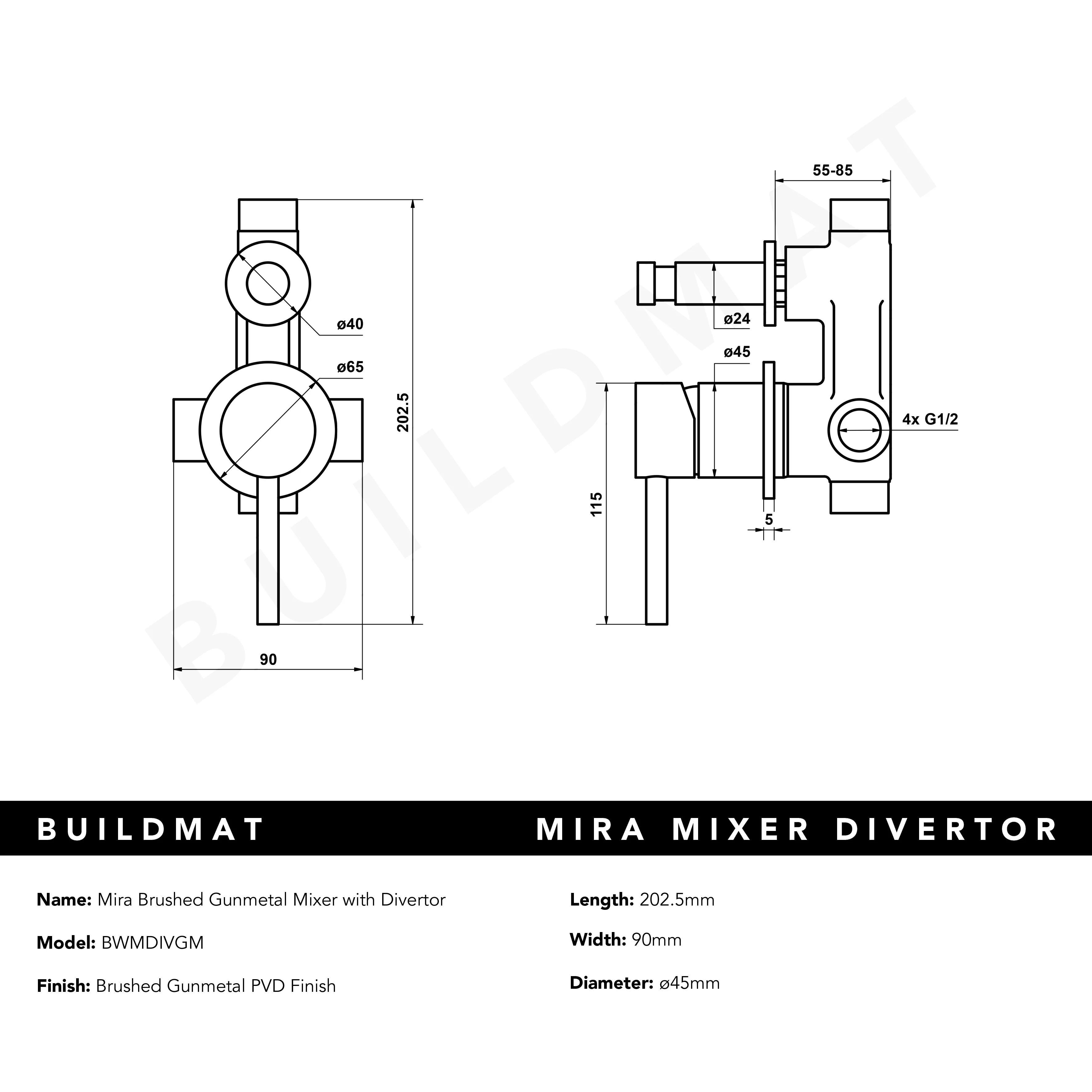 Alma Mira Brushed Gunmetal Wall Mixer with divertor - Image 5