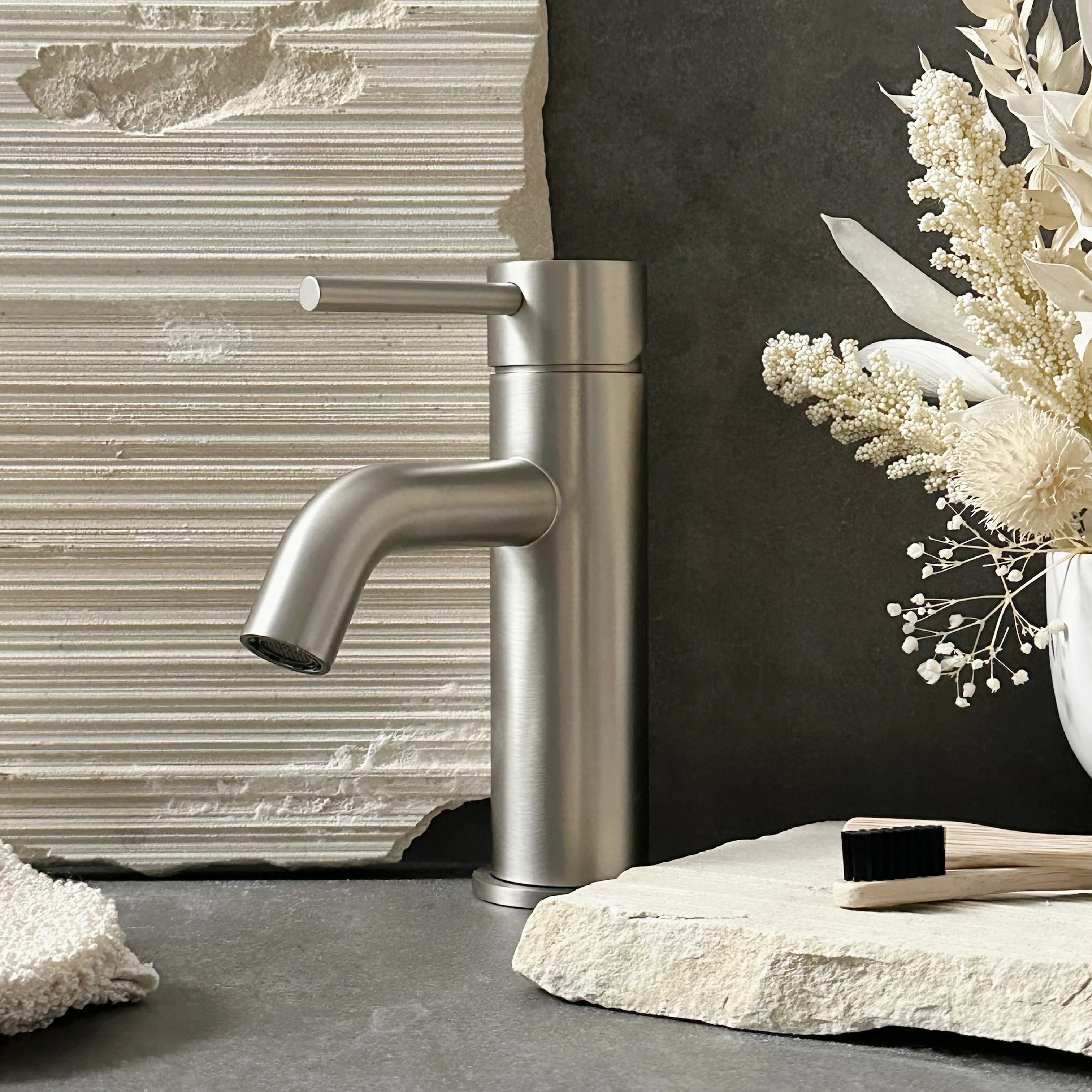 Alma Mira Brushed Nickel Short Basin Mixer - Image 4