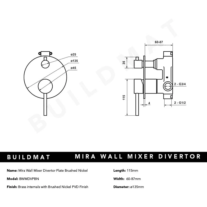 Alma Mira Brushed Nickel Wall Mixer Divertor Plate - Image 7