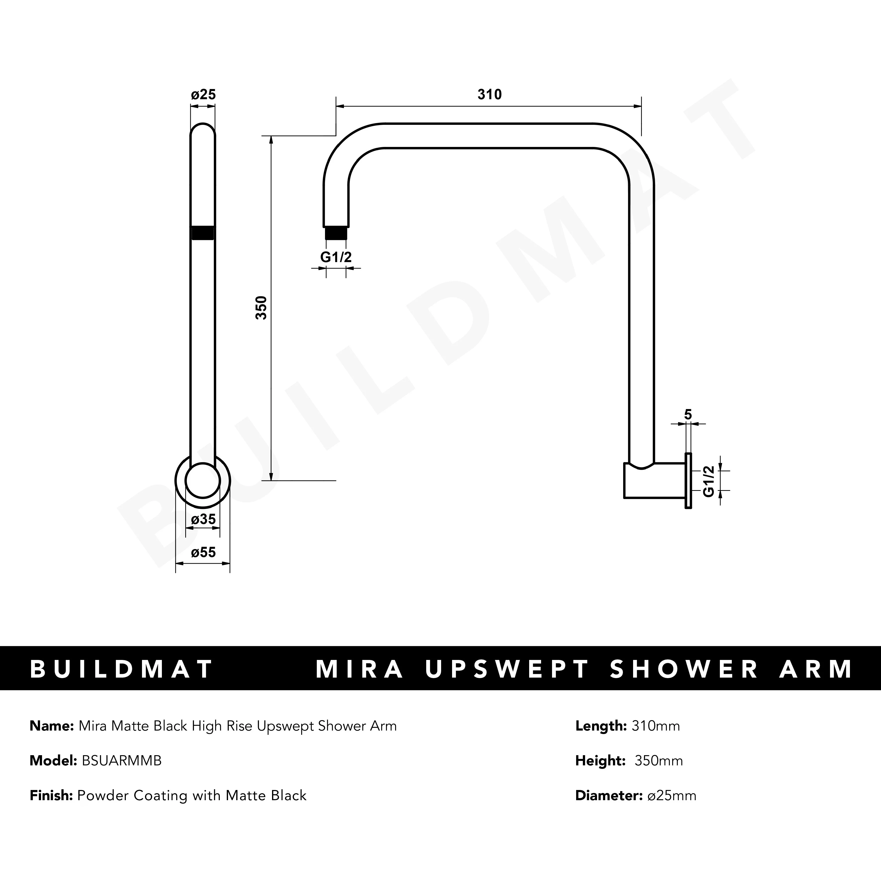 Alma Mira Matte Black High Rise Upswept Shower Arm - Image 7