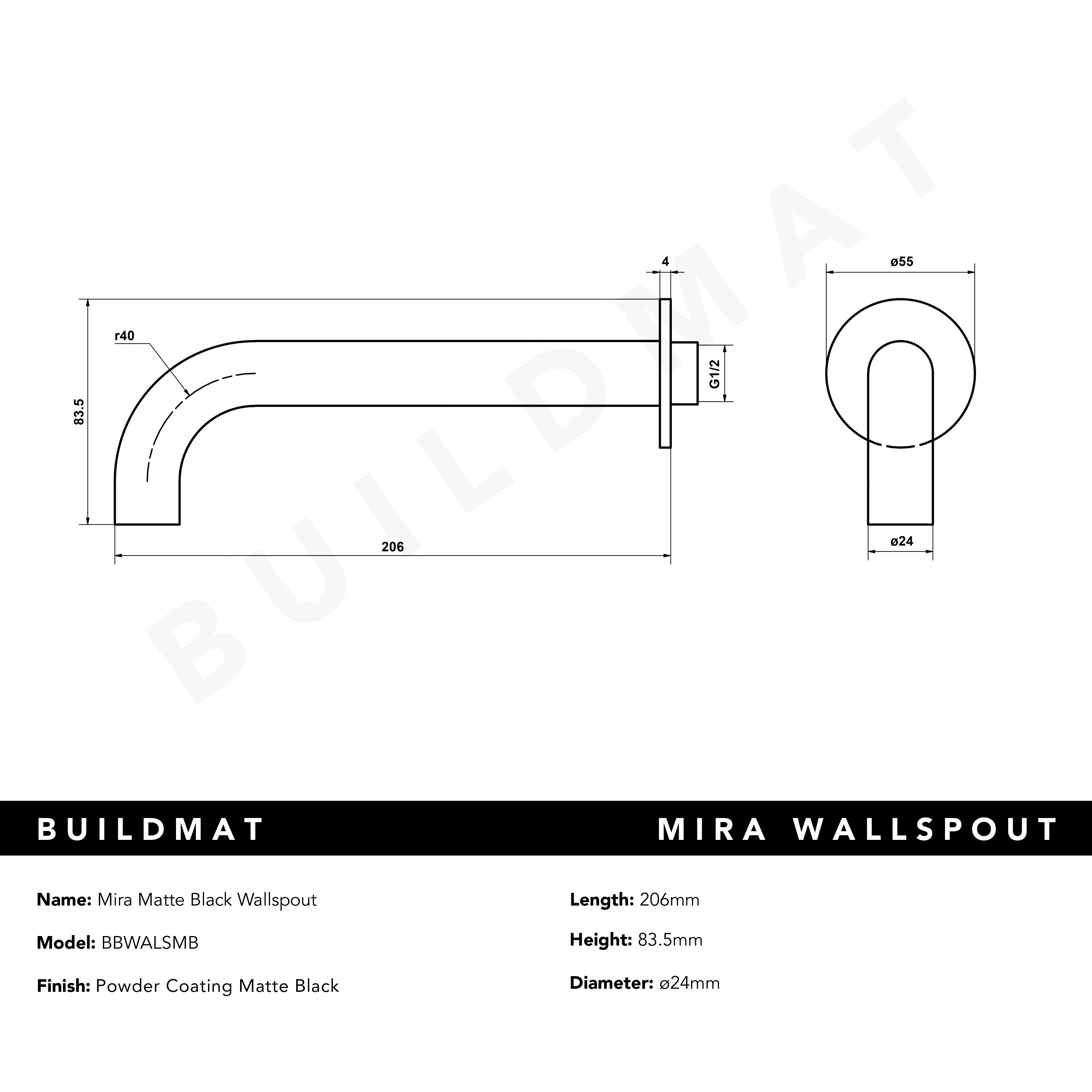 Alma Mira Matte Black Wall Spout - Image 6