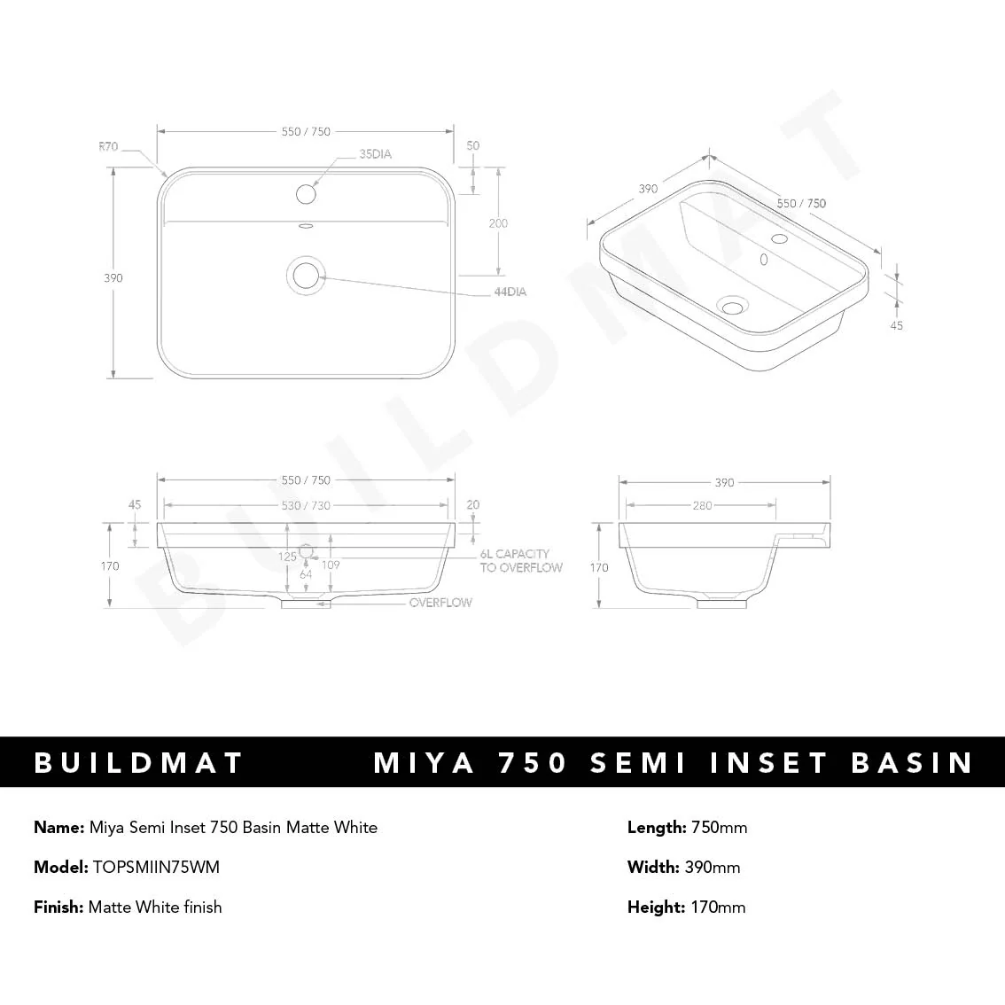 ADP Miya Semi Inset 750 Basin Matte White - Image 4