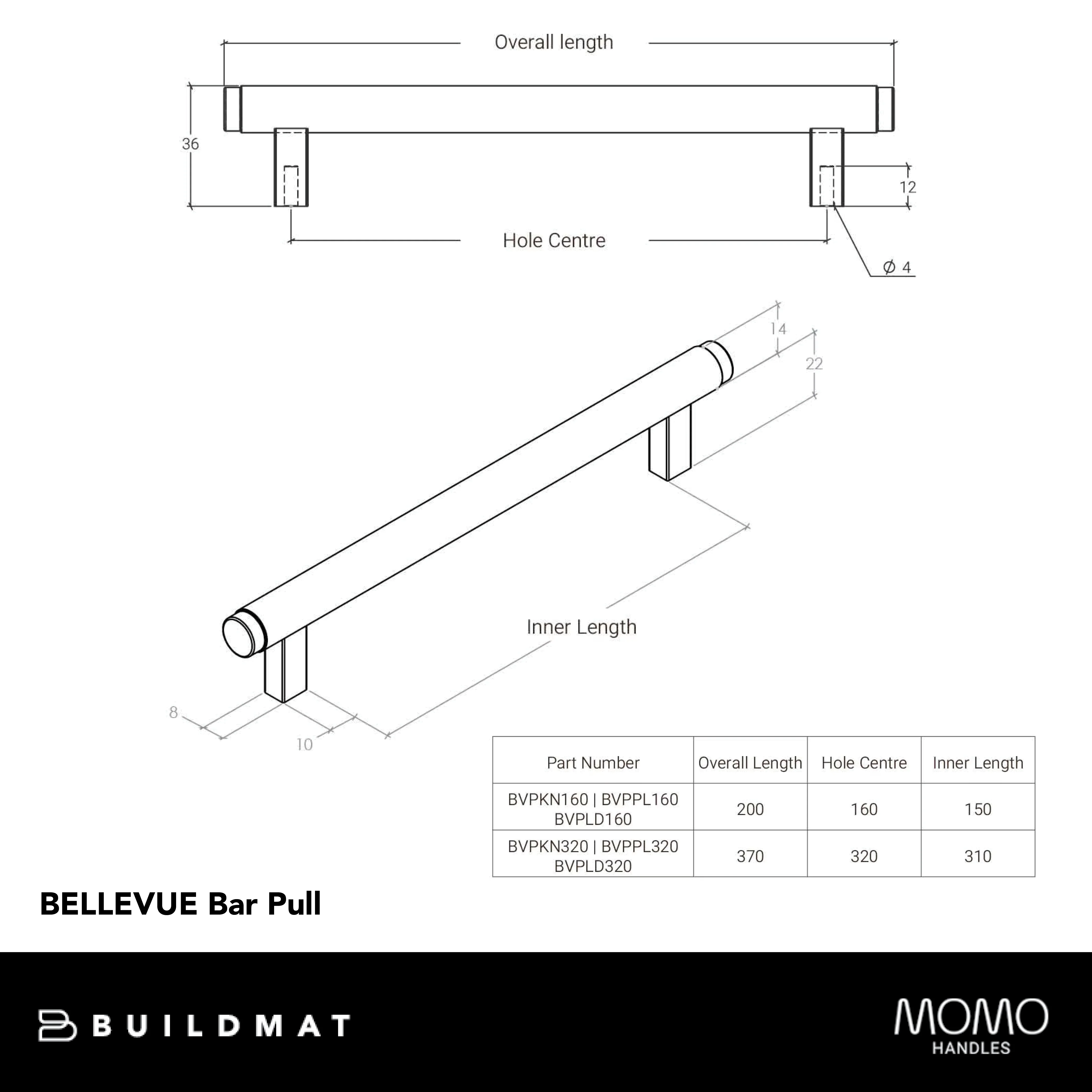 Momo Handles Momo Bellevue Solid Brass Lined Bar Pull 160mm Matte Black - Image 5