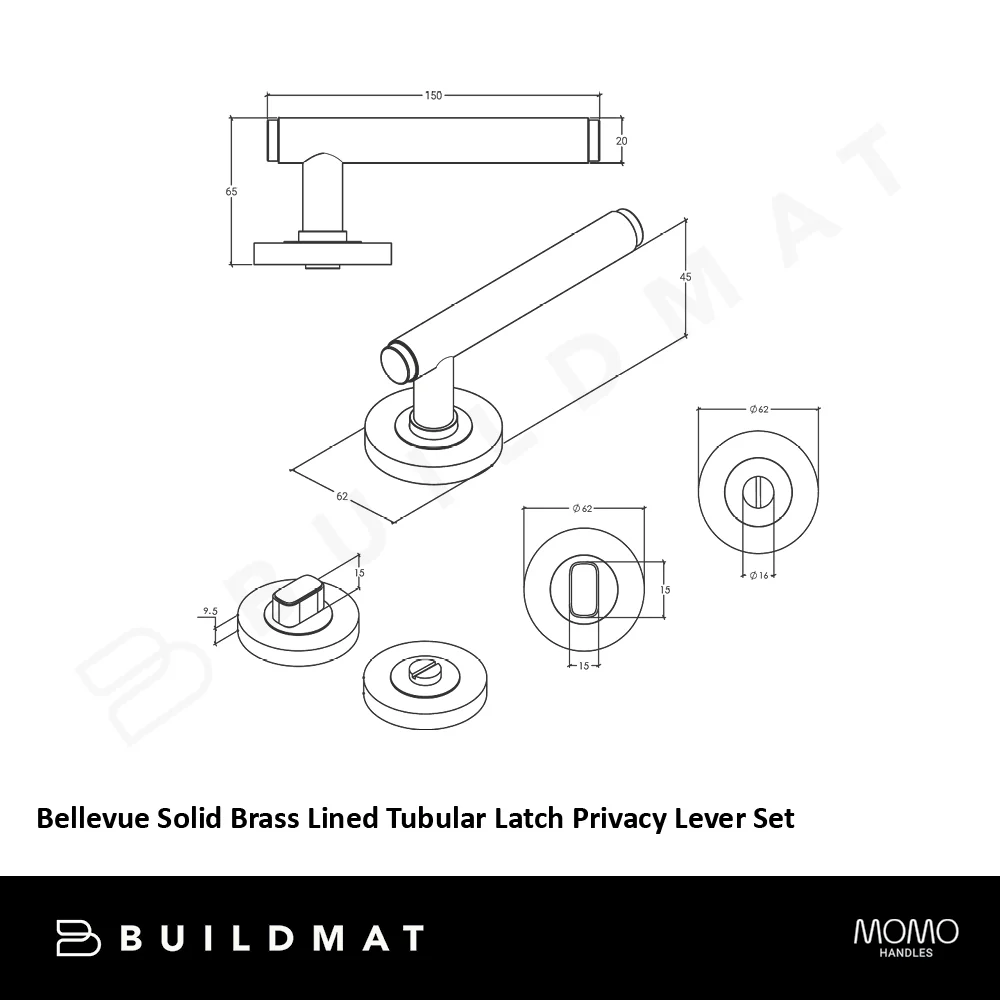 Momo Handles Bellevue Solid Brass Lined Tubular Latch Privacy Lever Set in Dark Brushed Brass - Image 4