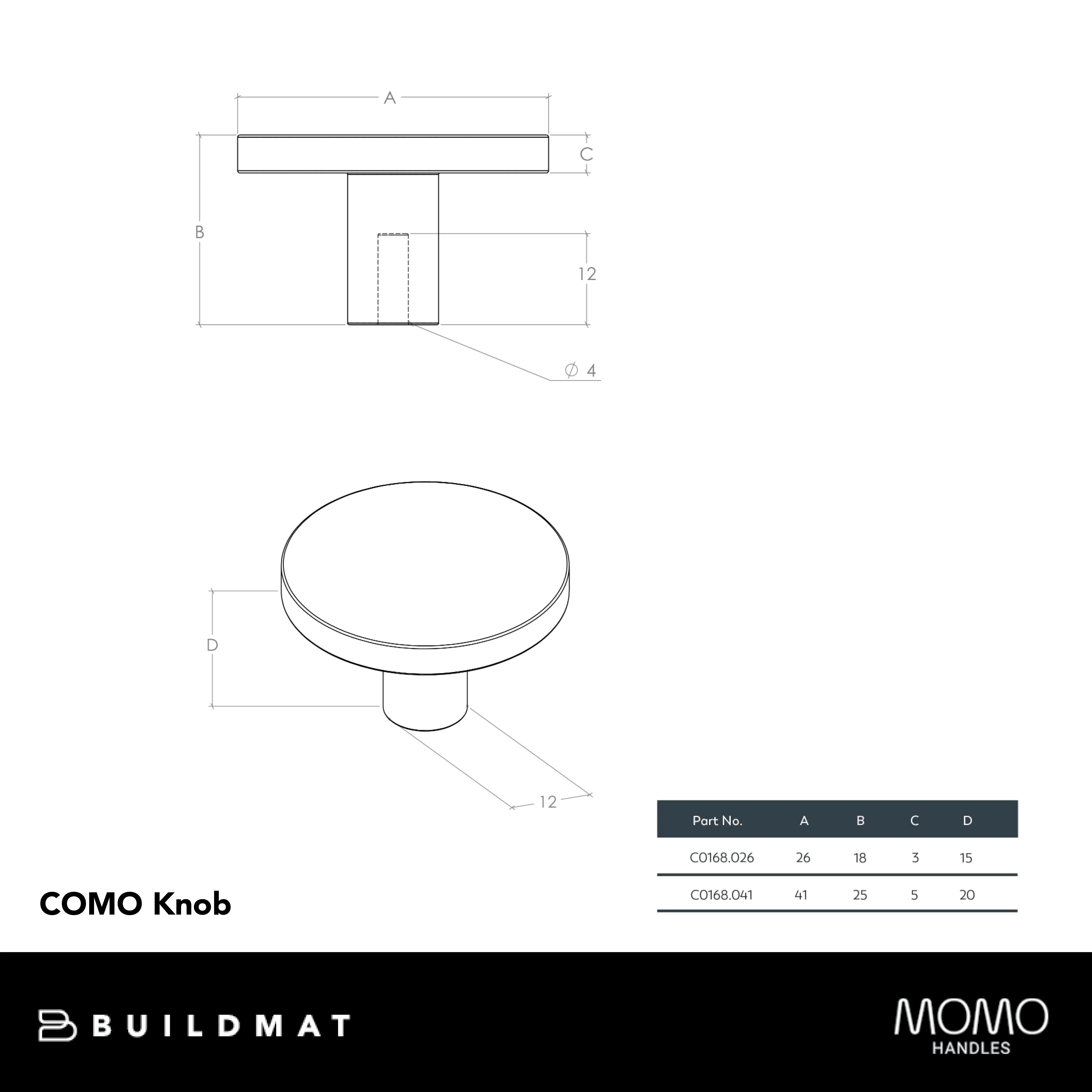 Momo Handles Momo Como Knob 26mm Matte Black - Image 4