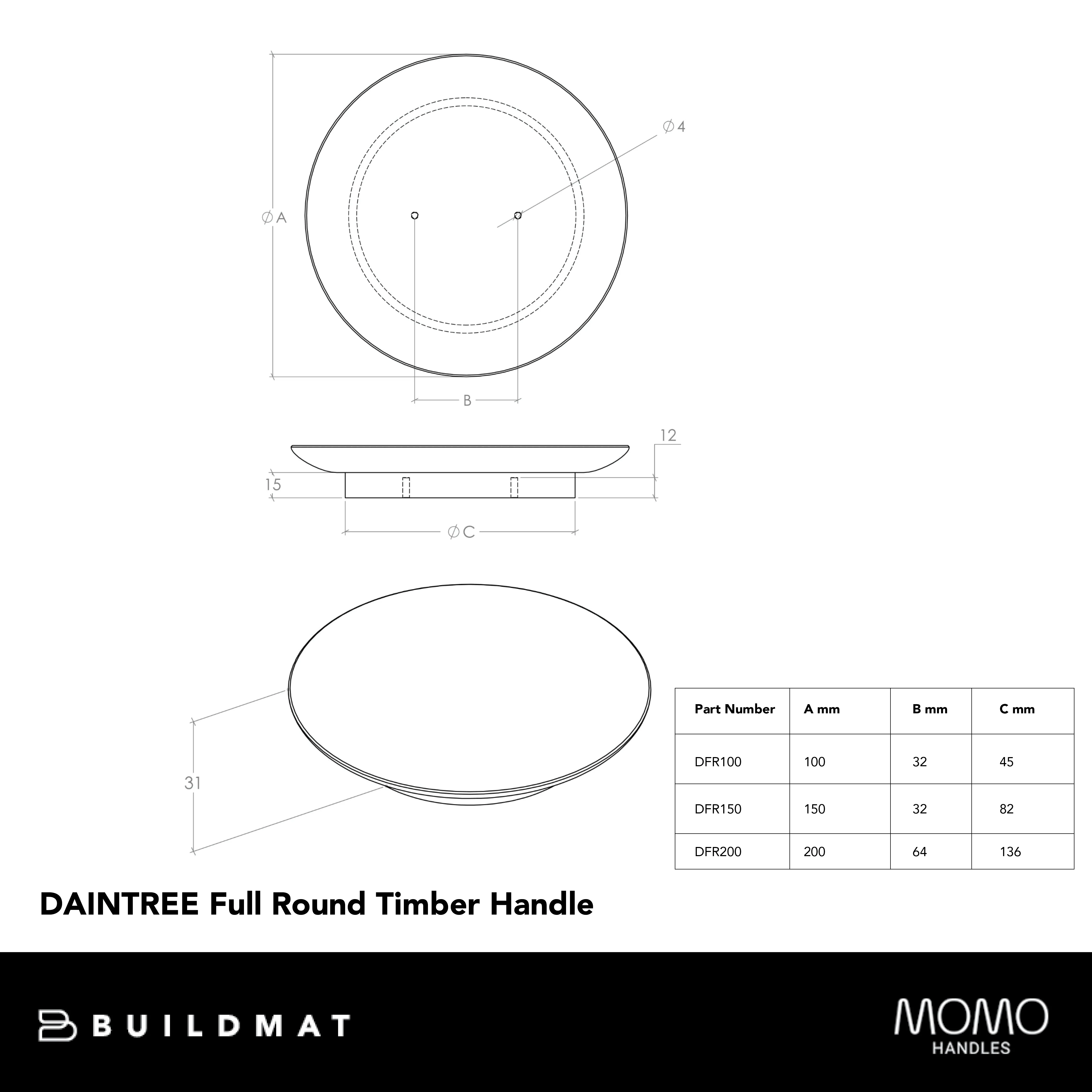 Momo Handles Momo Daintree Full Round Timber Handle 150mm Raw American Oak - Image 4