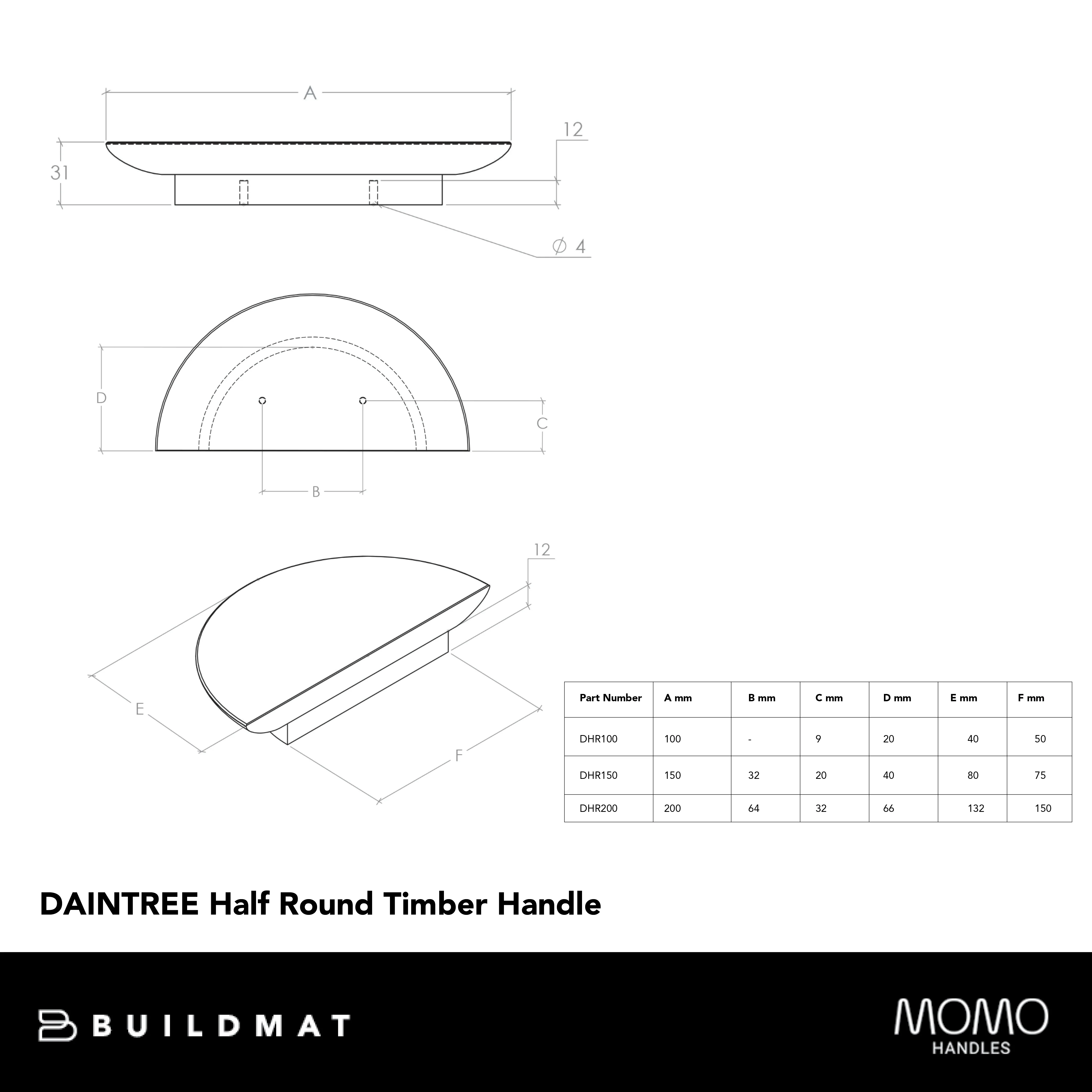 Momo Handles Momo Daintree Half Round Timber Handle 200mm Raw Walnut - Image 4