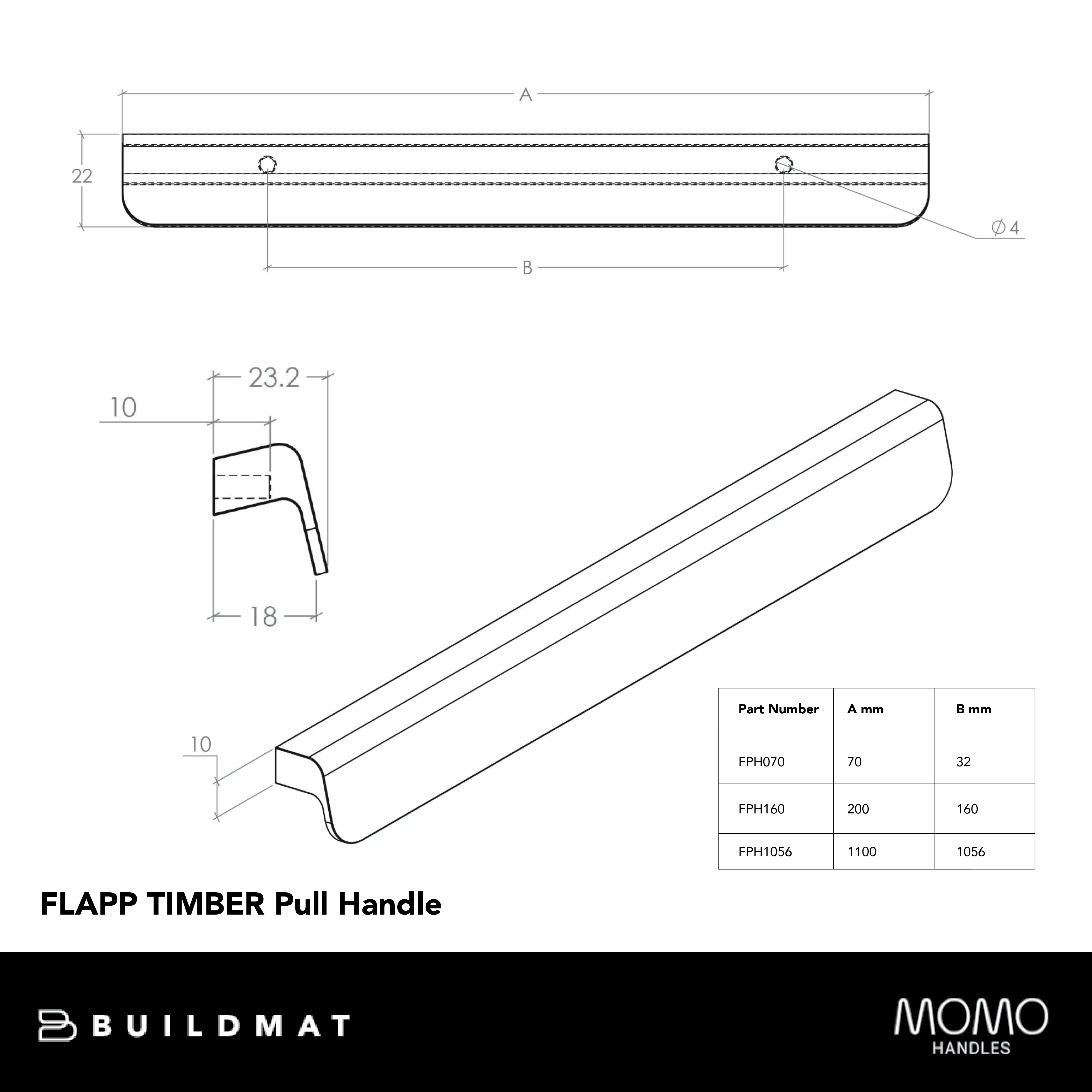 Momo Handles Momo Flapp Pull Timber Handle 160mm Brushed Walnut - Image 4