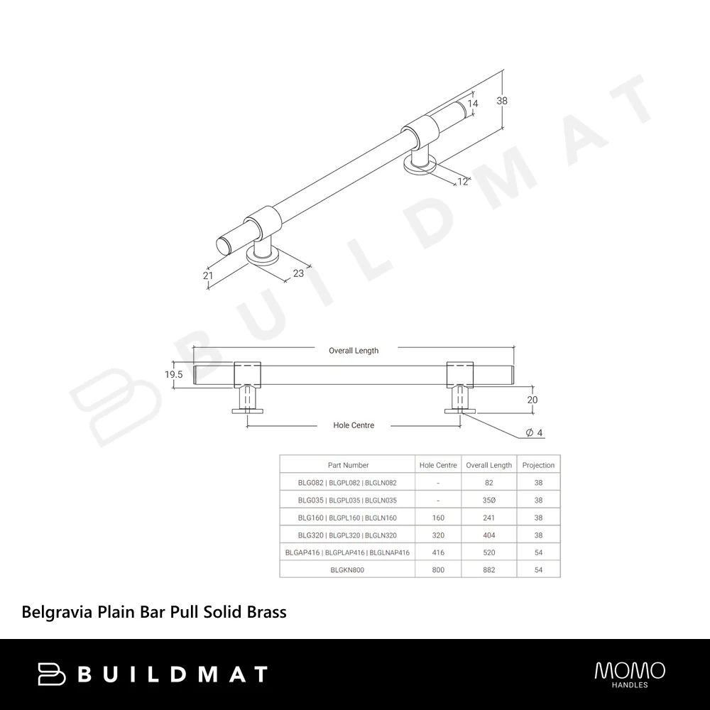Momo Handles Belgravia Plain Bar Pull Solid Brass 160mm Brushed Satin Brass - Image 4