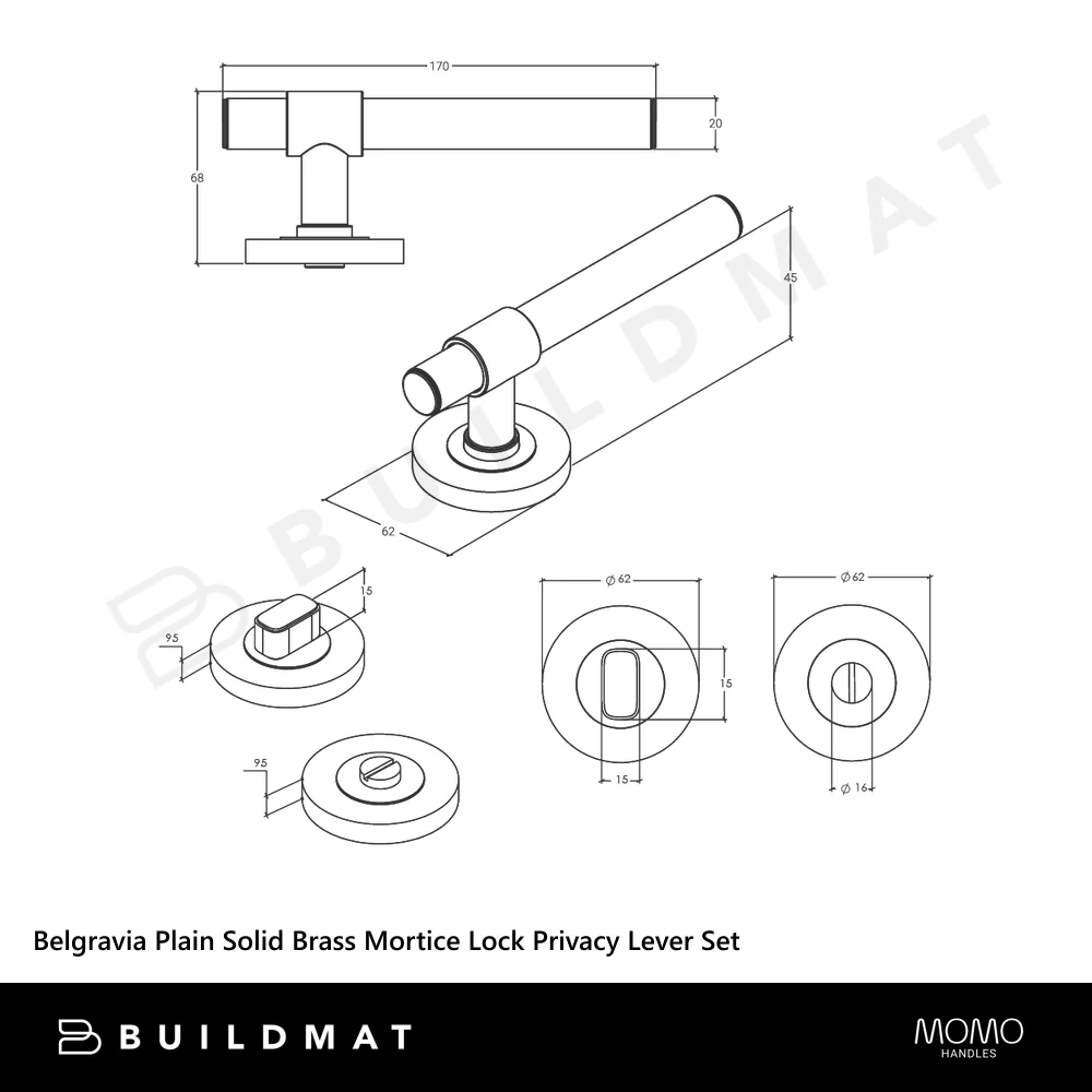 Momo Handles Belgravia Plain Solid Brass Mortice Lock Privacy Lever Set Brushed Satin Brass - Image 4
