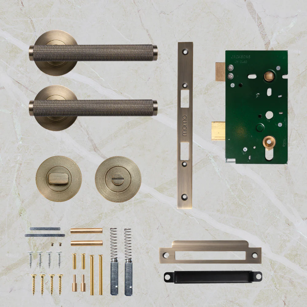 Momo Handles Bellevue Solid Brass Knurled Mortice Lock Privacy Lever Set Dark Brushed Brass - Image 2