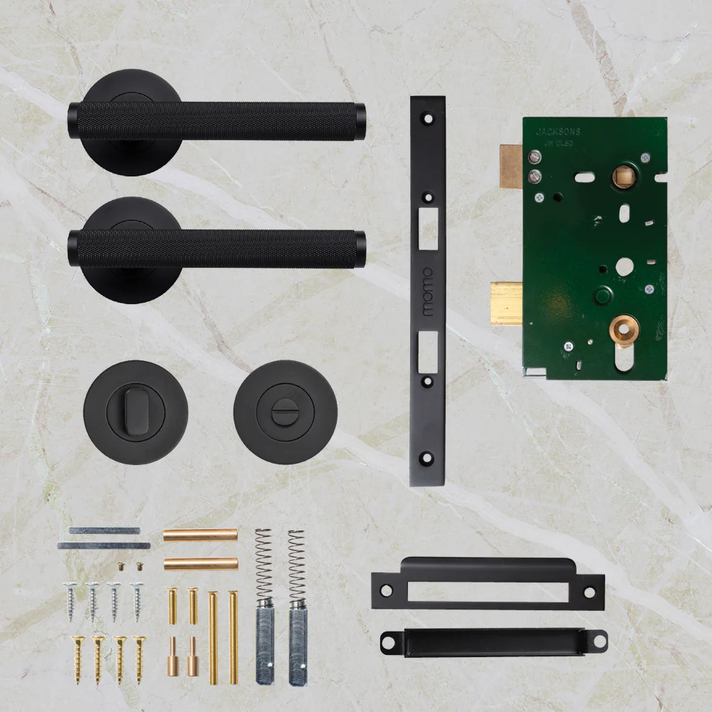 Momo Handles Bellevue Solid Brass Knurled Mortice Lock Privacy Lever Set Matte Black - Image 2