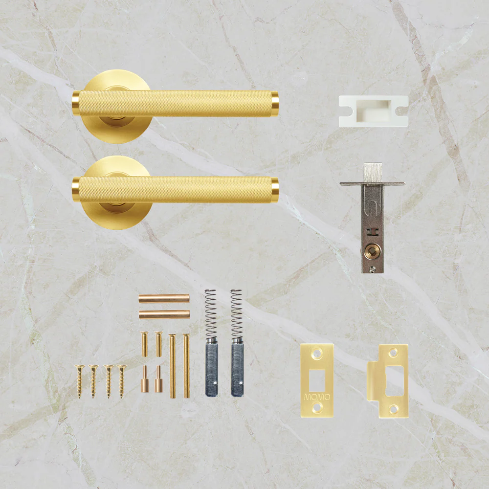 Momo Handles Bellevue Solid Brass Knurled Tubular Latch Passage Lever Set Brushed Satin Brass - Image 2