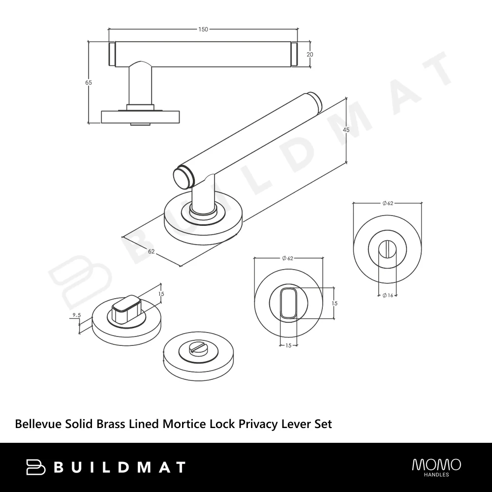 Momo Handles Bellevue Solid Brass Lined Mortice Lock Privacy Lever Set Brushed Satin Brass - Image 4