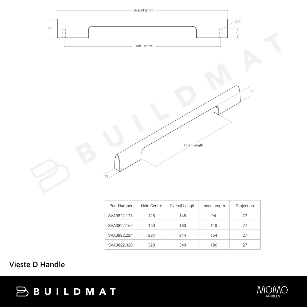 Momo Handles Vieste D Handle 320mm Aluminium Brushed Nickel - Image 4