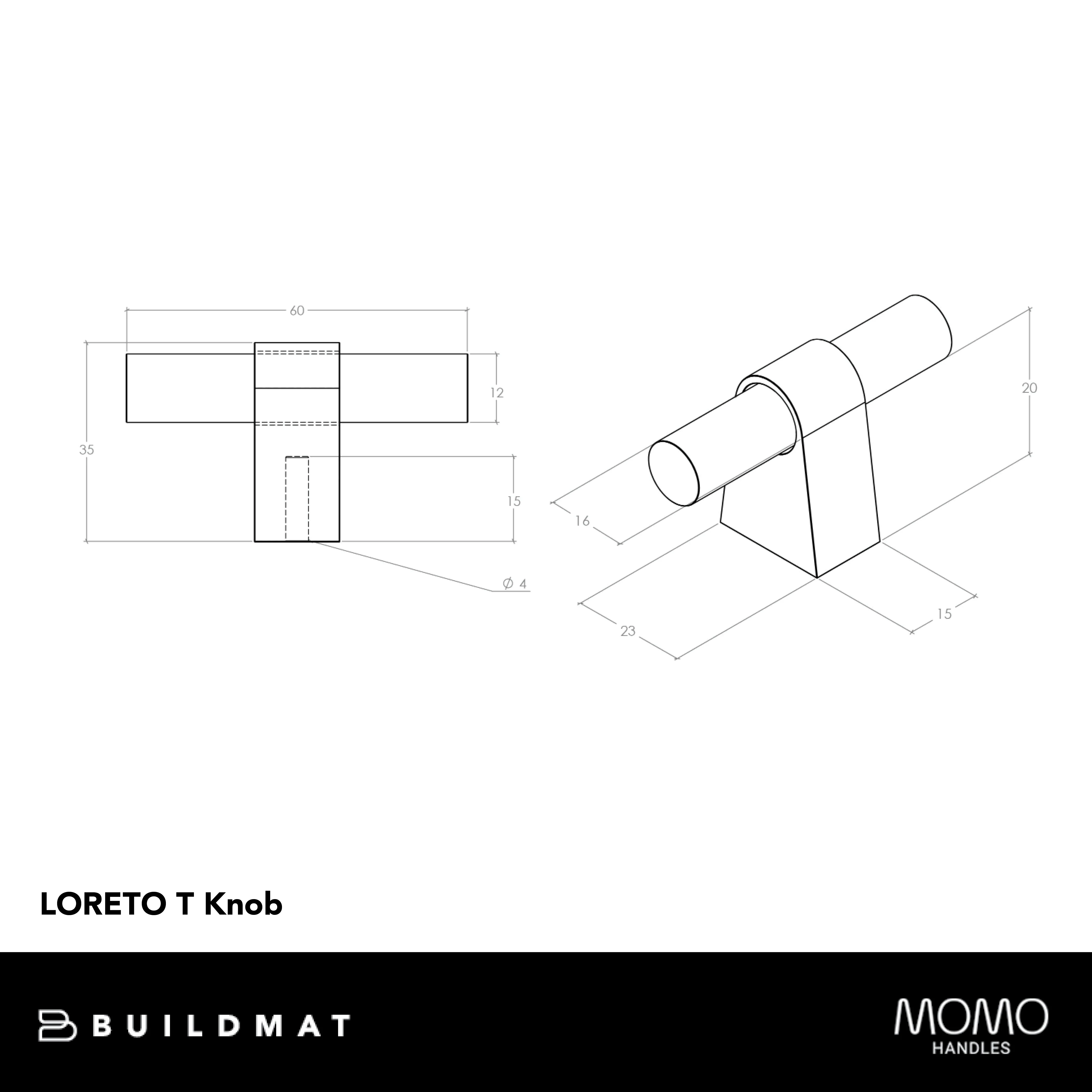 Momo Handles Momo Loreto T Knob 60mm Brushed Matte Brass - Image 4