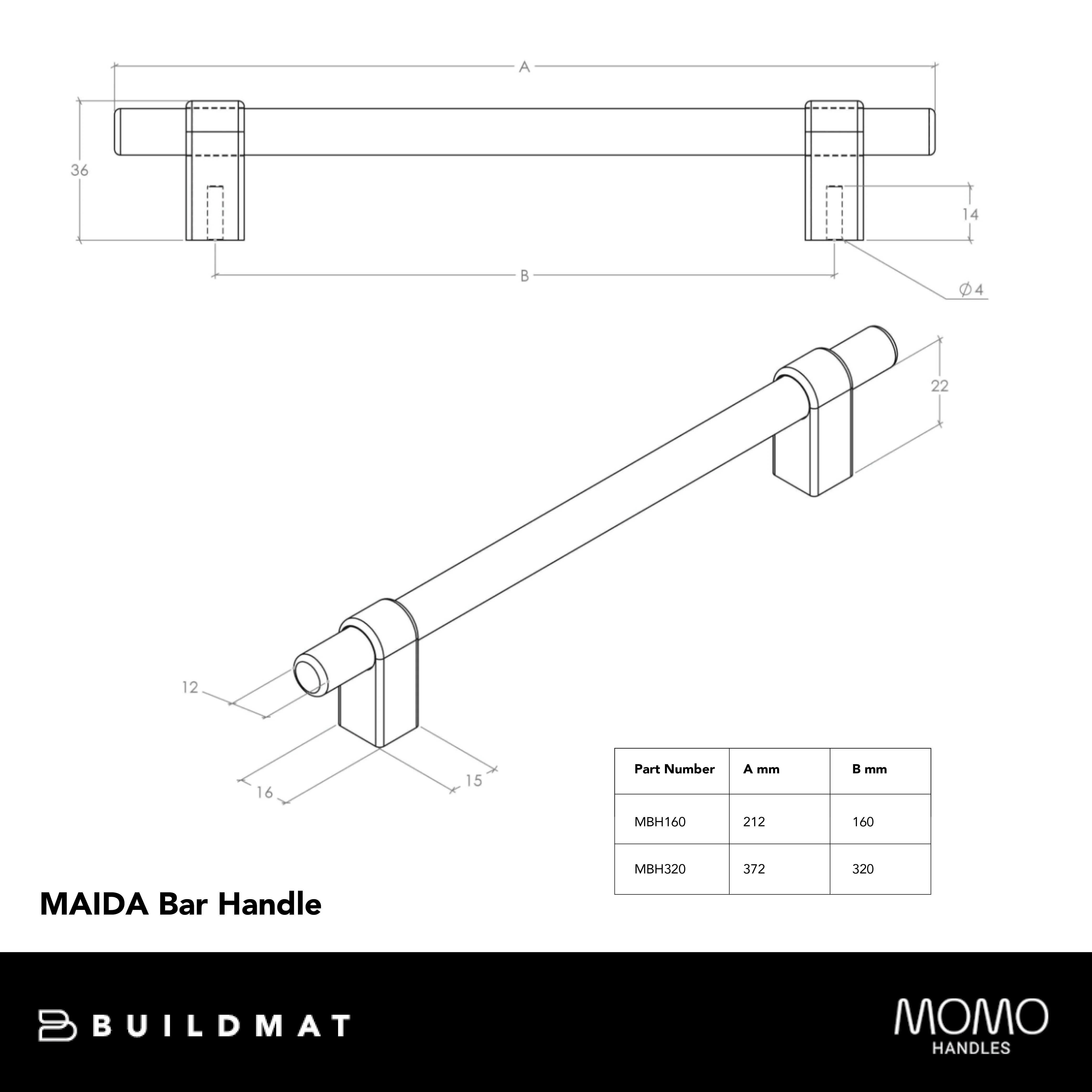 Momo Maida Bar Handle 160mm Dull Brushed Nickel - Image 4