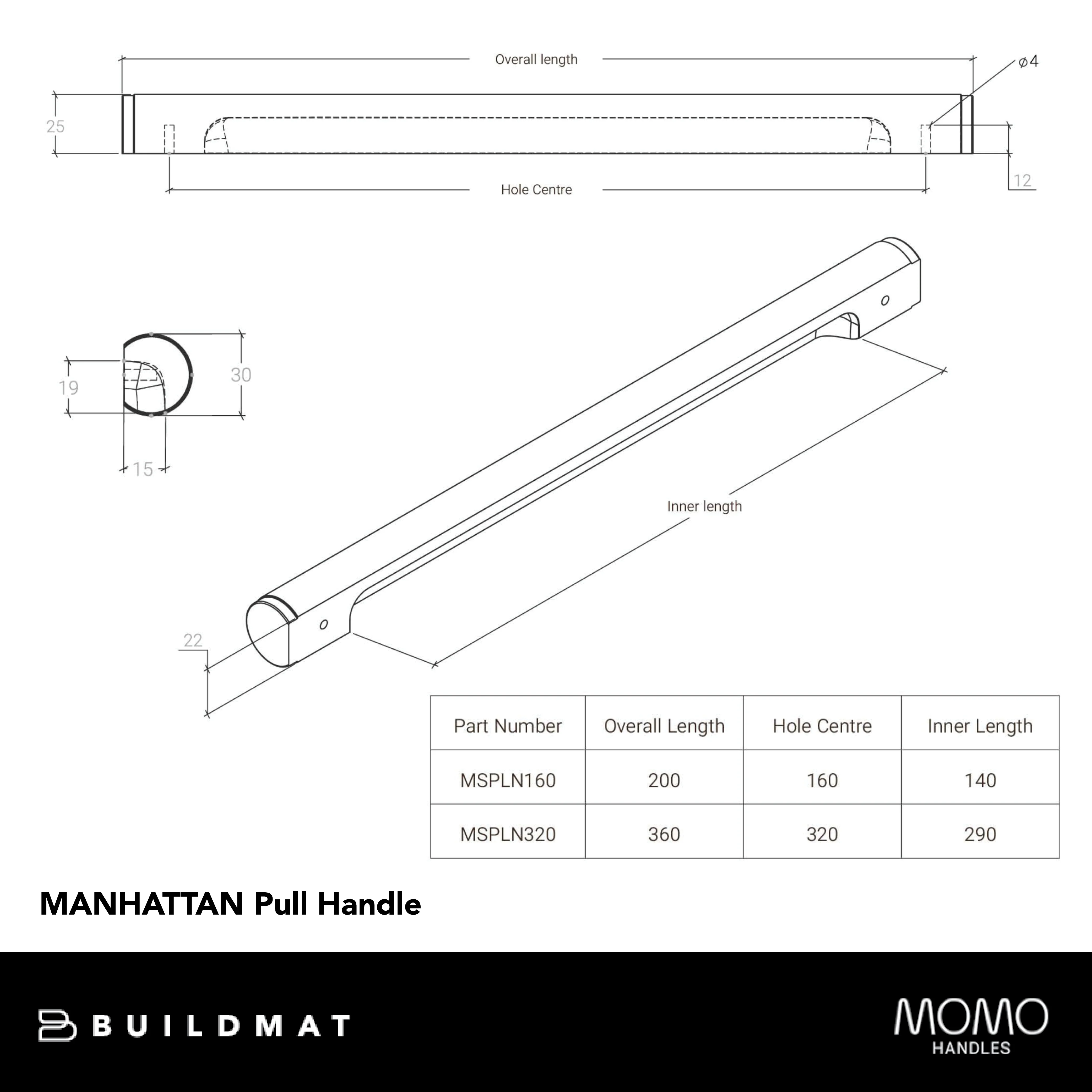 Momo Handles Momo Manhattan Solid Brass Pull Handle 160mm Bronze - Image 4