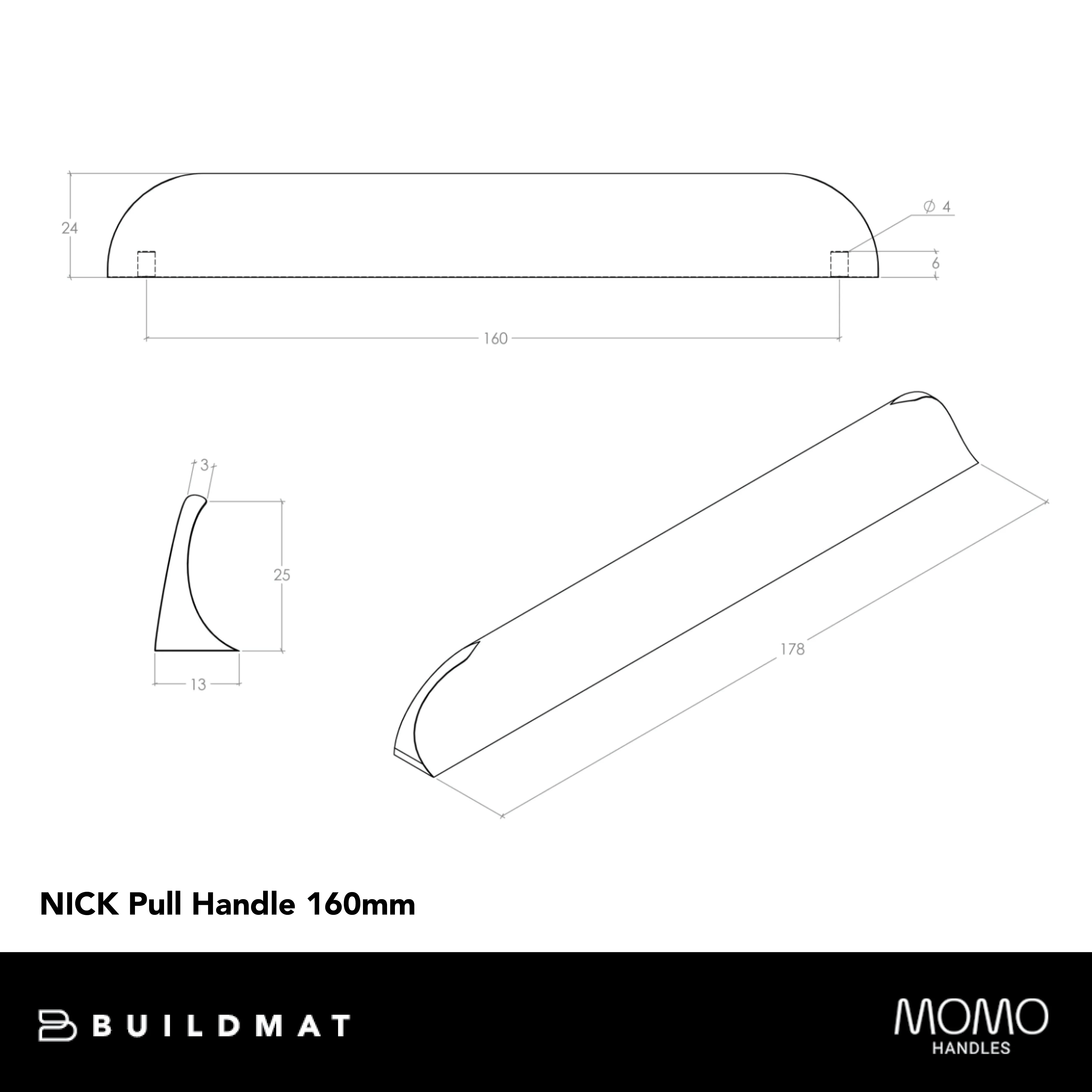 Momo Handles Nick Pull Handle 160mm Brushed Nickel - Image 4