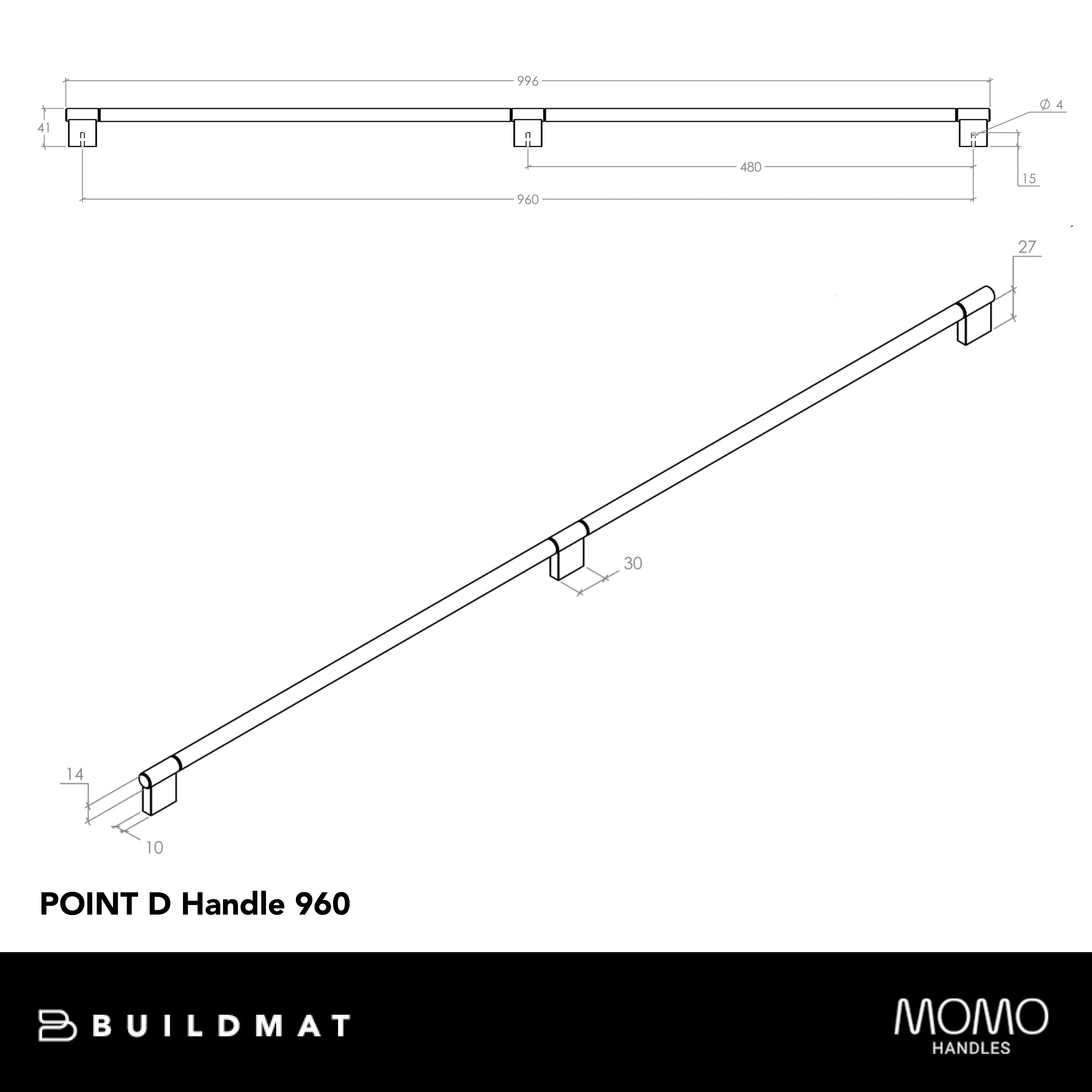 Momo Handles Momo Point D Handle 960mm Brushed Dark Brass - Image 4