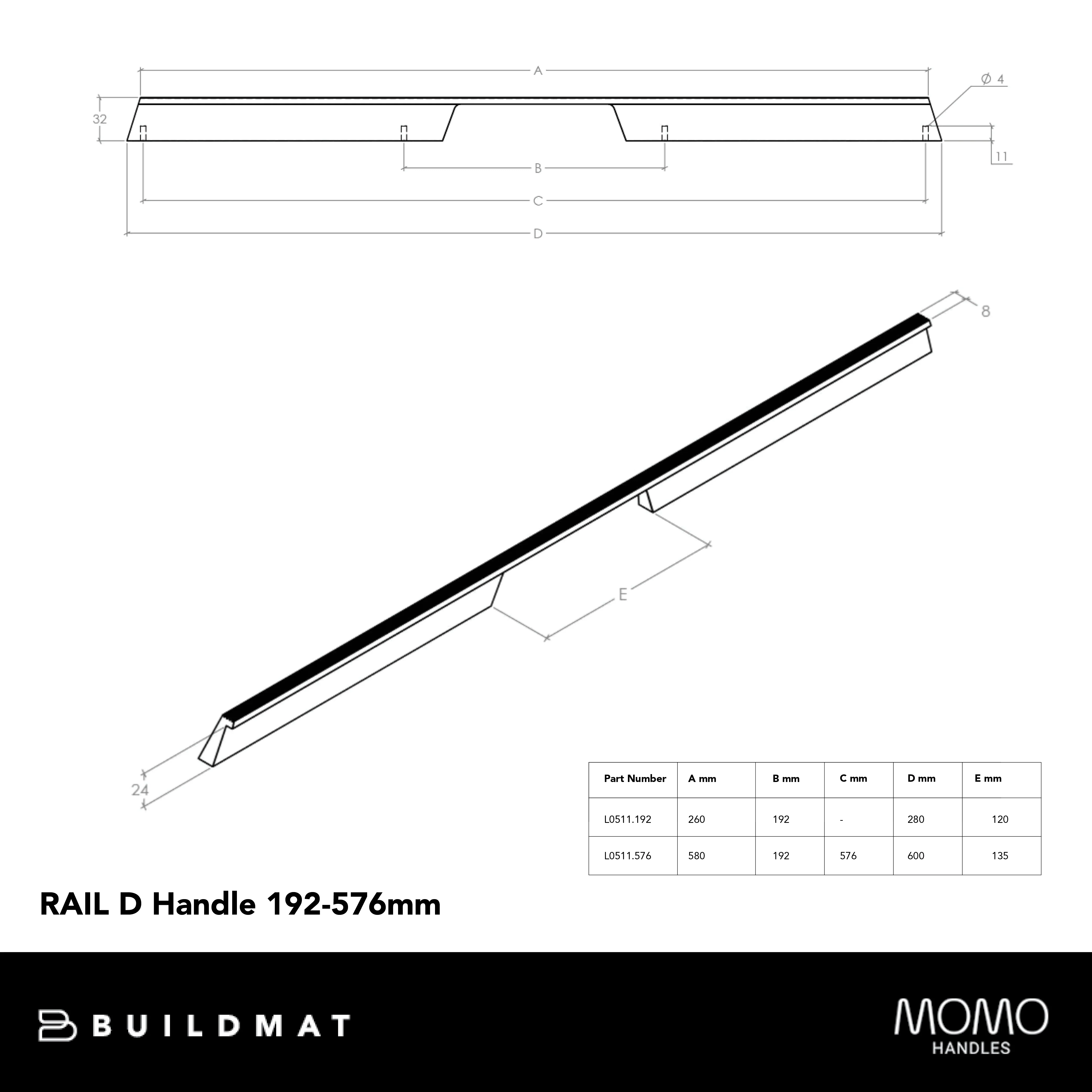 Momo Rail D Handle 192mm Brushed Dark Brass - Image 4