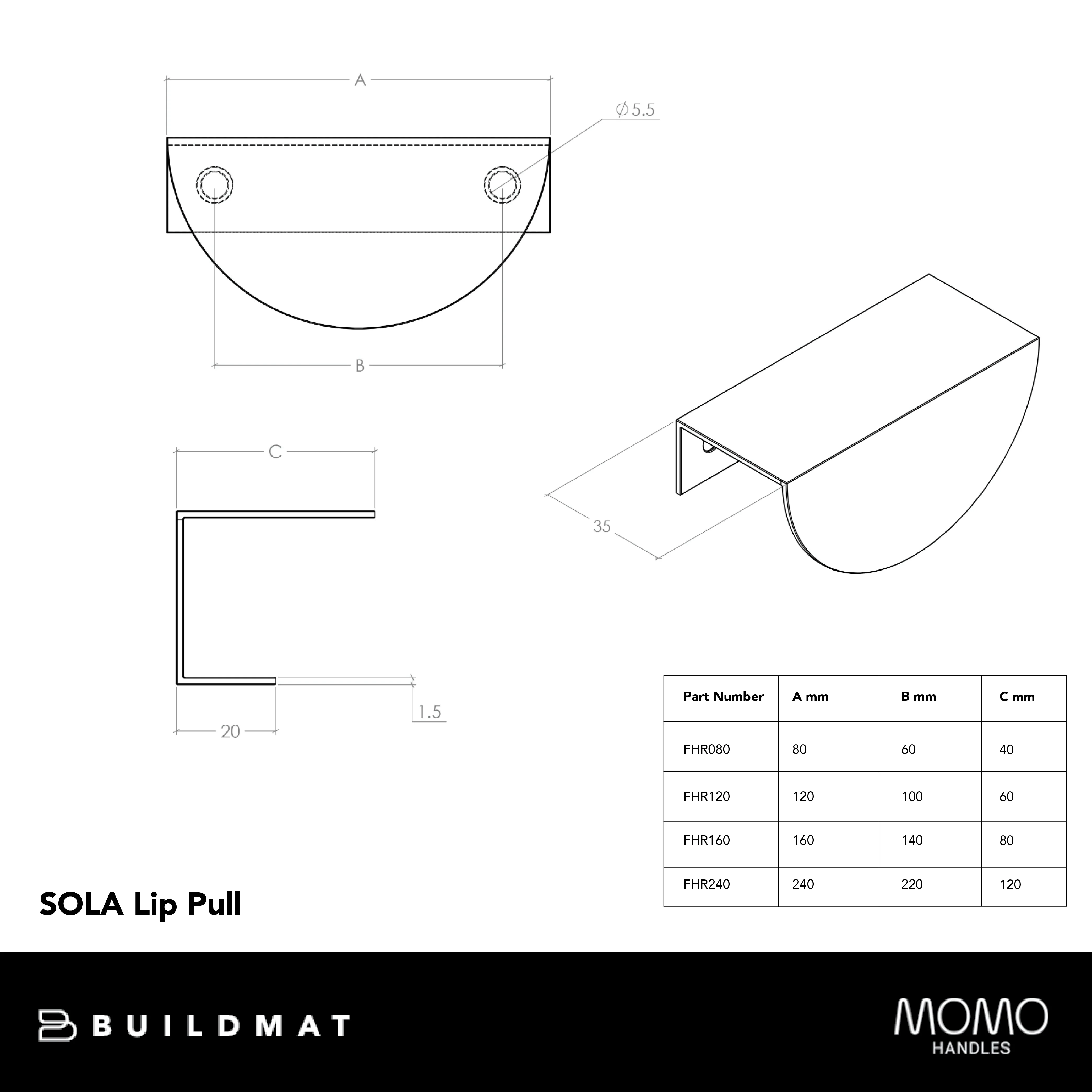 Momo Handles Momo Sola Half Round Lip Pull Handle 240mm White - Image 4
