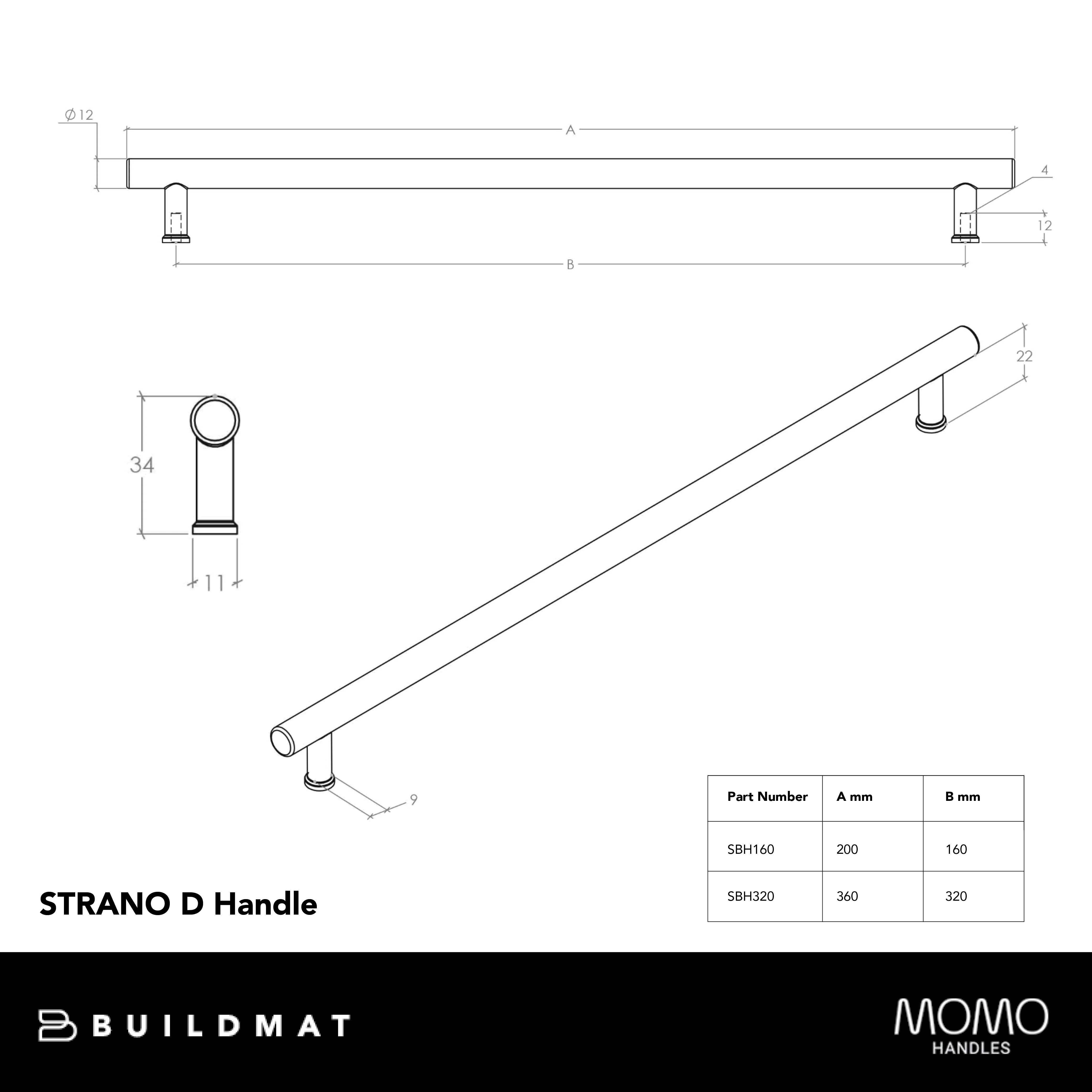 Momo Handles Strano D Handle 320mm Brushed Satin Brass - Image 4