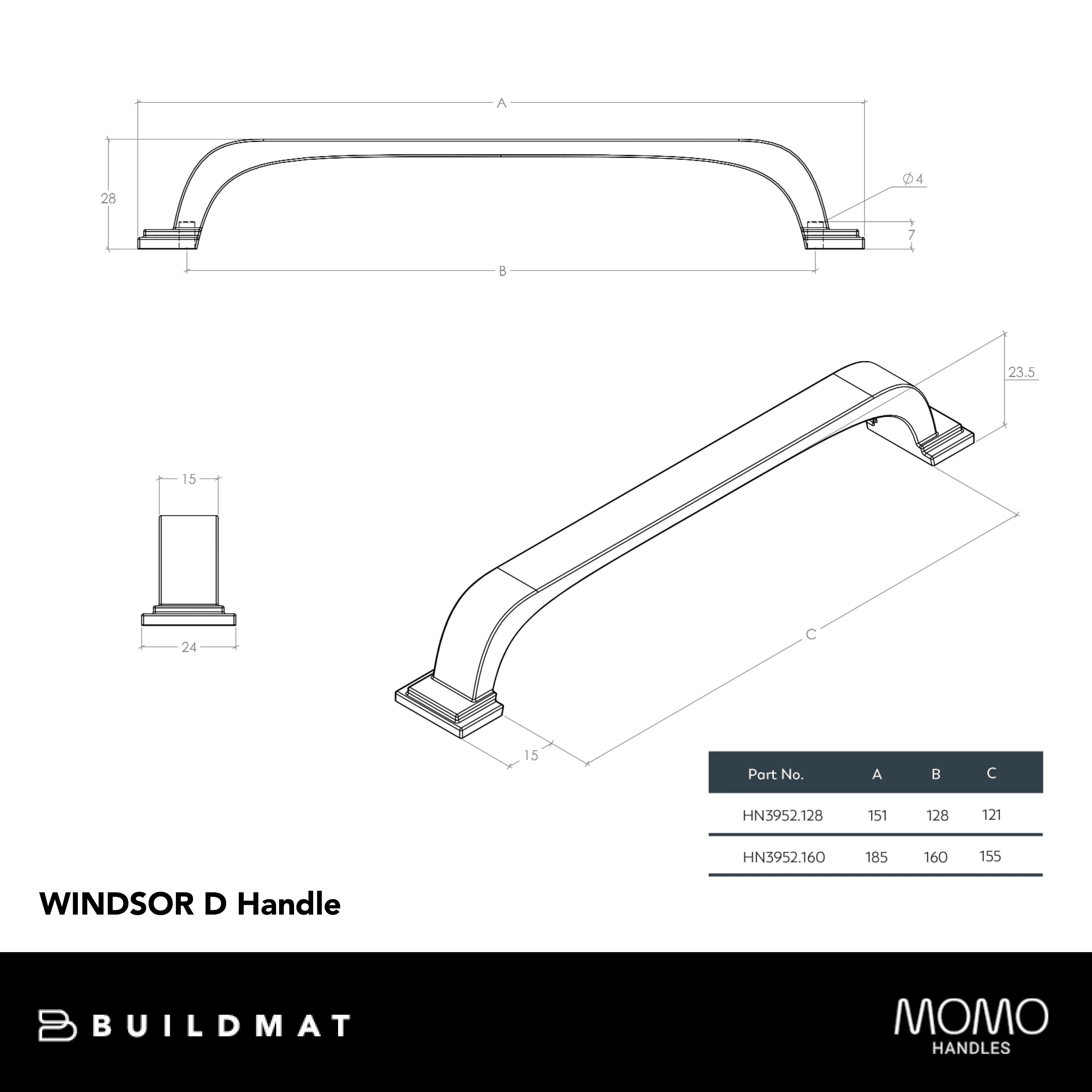 Momo Handles Momo Windsor D Handle 160mm Pewter - Image 4