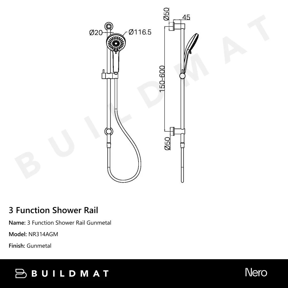 Nero 3 Function Shower Rail Gunmetal - Image 4