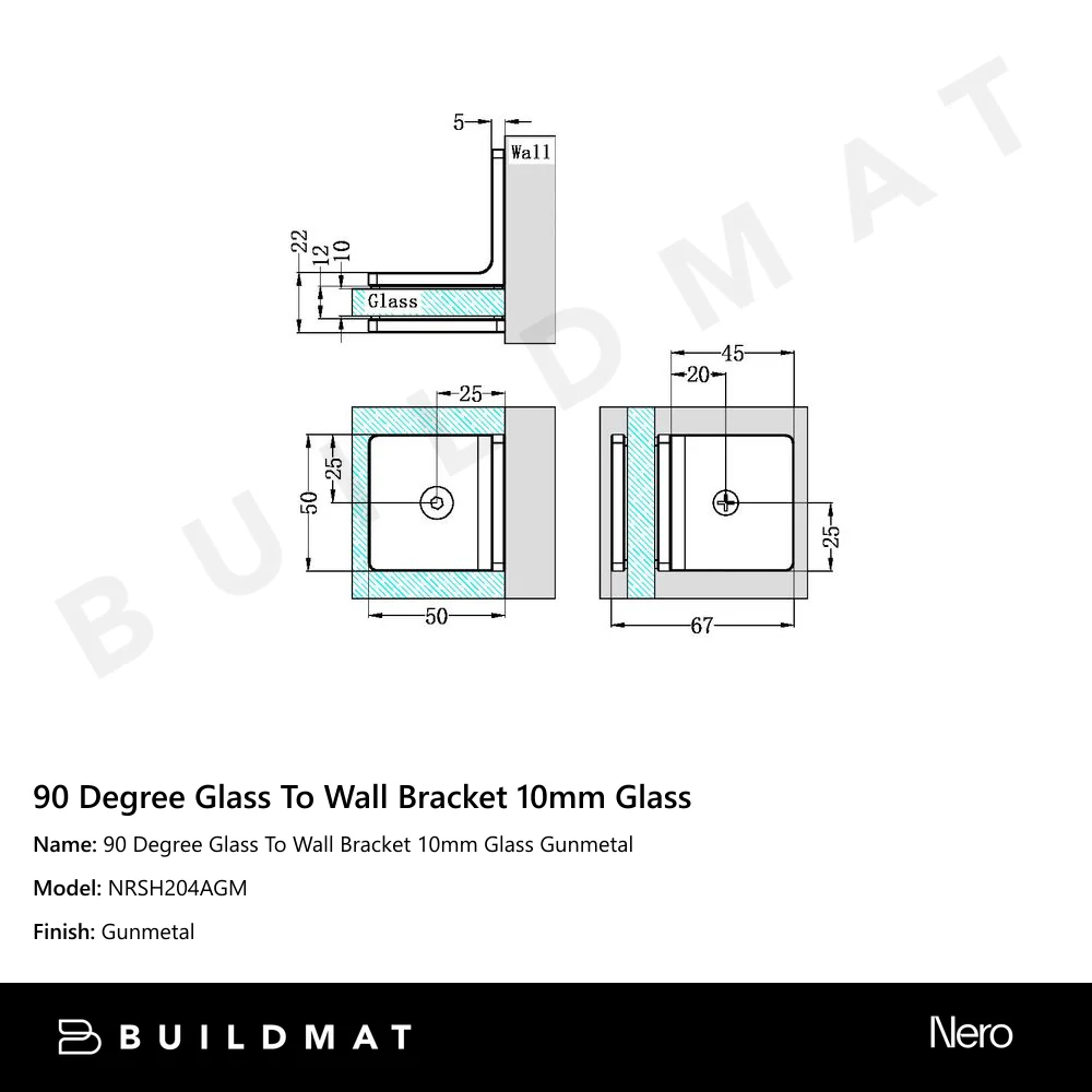 Nero 90 Degree Glass To Wall Bracket 10mm Glass Gunmetal - Image 4