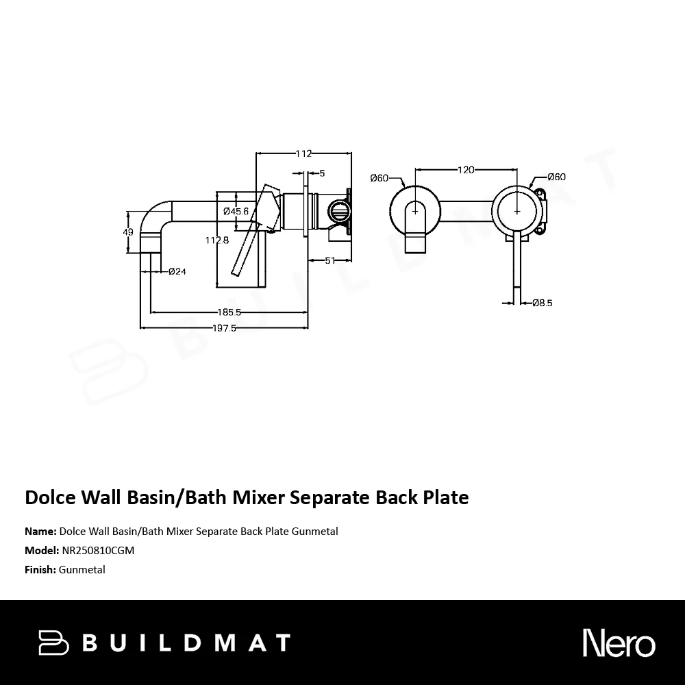 Nero Dolce Wall Basin/Bath Mixer Separate Back Plate Gunmetal - Image 4