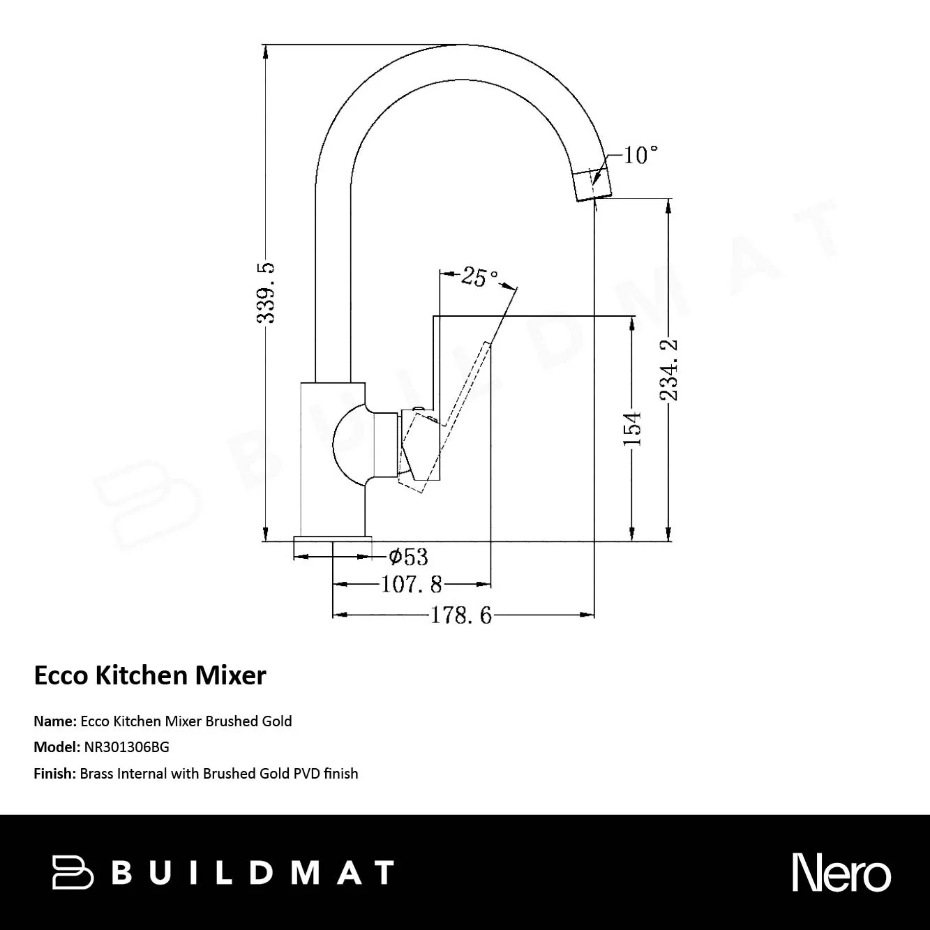 Nero Ecco Kitchen Mixer Brushed Gold - Image 4