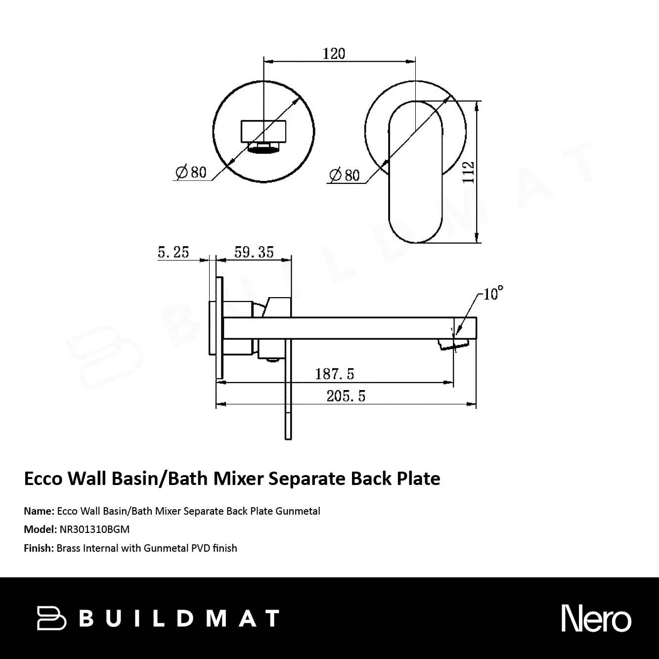 Nero Ecco Wall Basin/Bath Mixer Separate Back Plate 200mm Gunmetal - Image 4