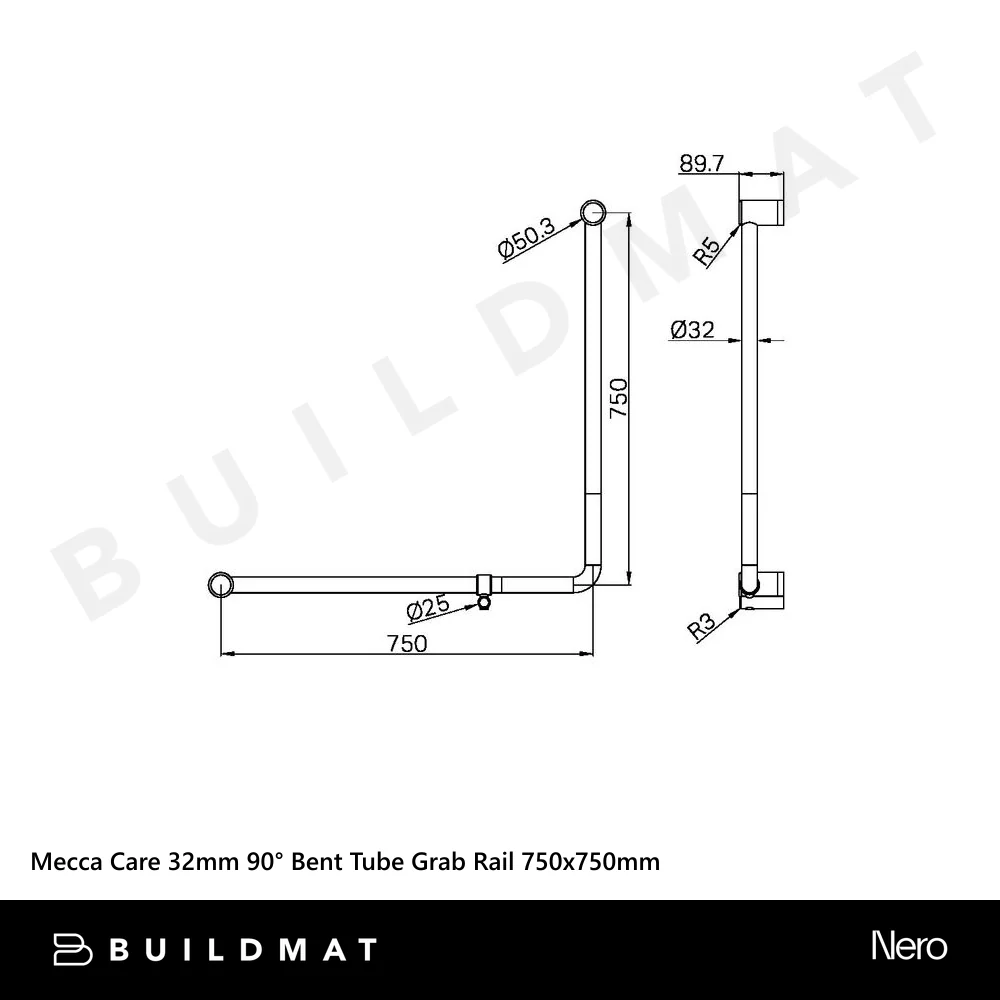 Nero Mecca Care 750x750mm 90 degree Bent Tube Grab Rail Brushed Nickel - Image 4