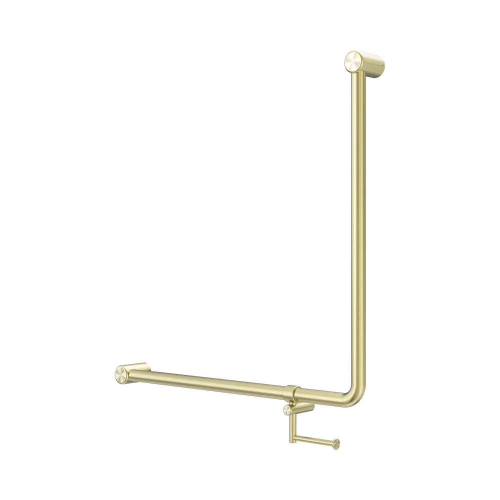 Nero Mecca Care 750x750mm 90 degree Bent Tube Grab Rail With Toilet Roll Holder Brushed Gold