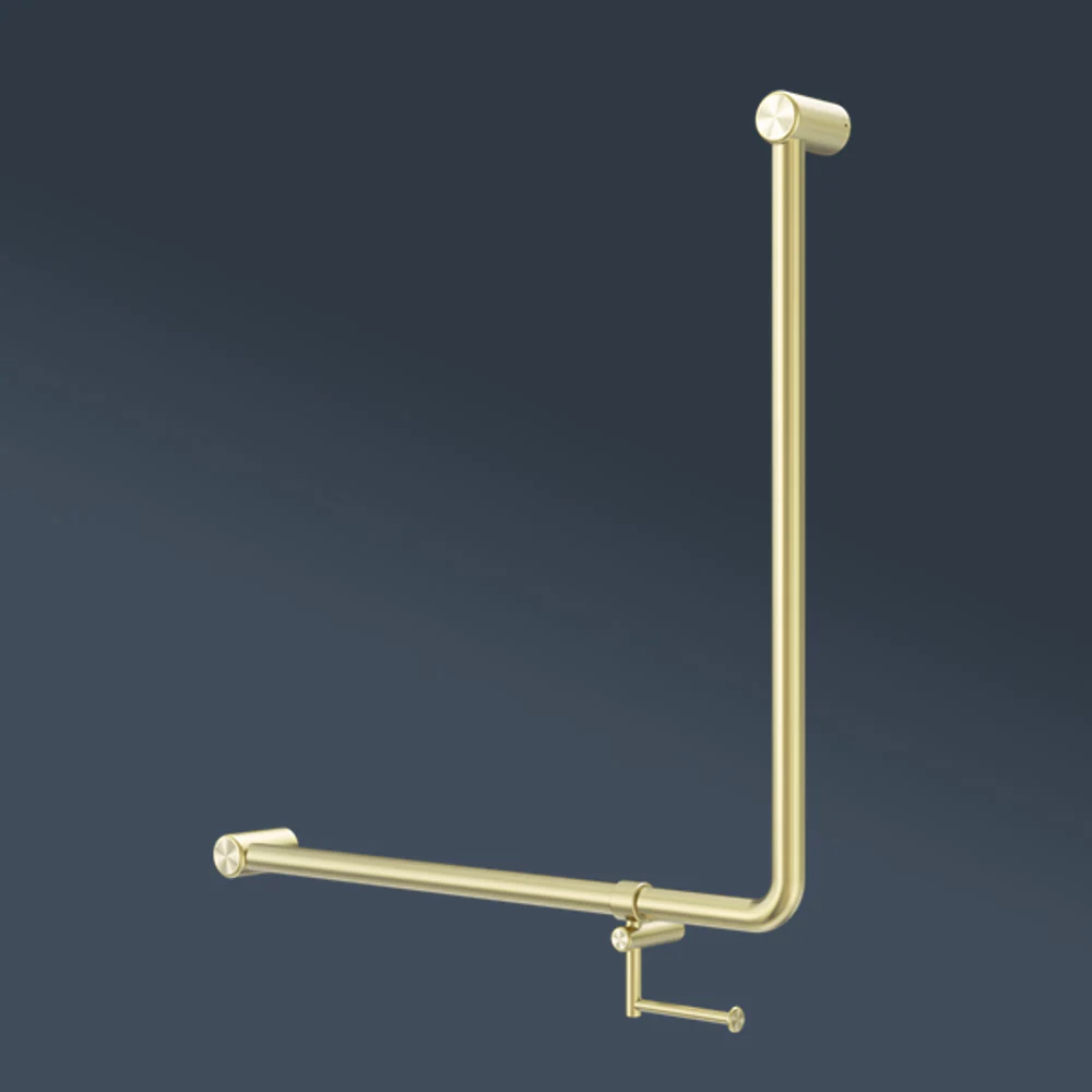 Nero Mecca Care 750x750mm 90 degree Bent Tube Grab Rail With Toilet Roll Holder Brushed Gold - Image 2