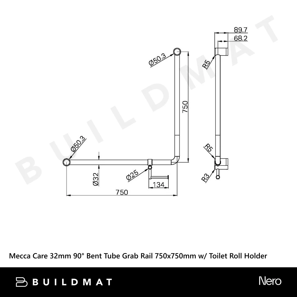 Nero Mecca Care 750x750mm 90 degree Bent Tube Grab Rail With Toilet Roll Holder Chrome - Image 4