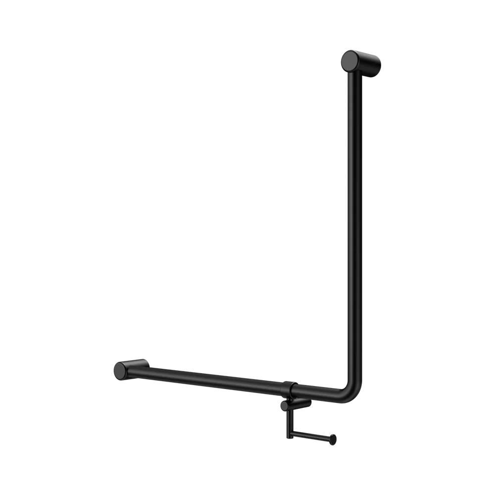 Nero Mecca Care 750x750mm 90 degree Bent Tube Grab Rail With Toilet Roll Holder Matte Black
