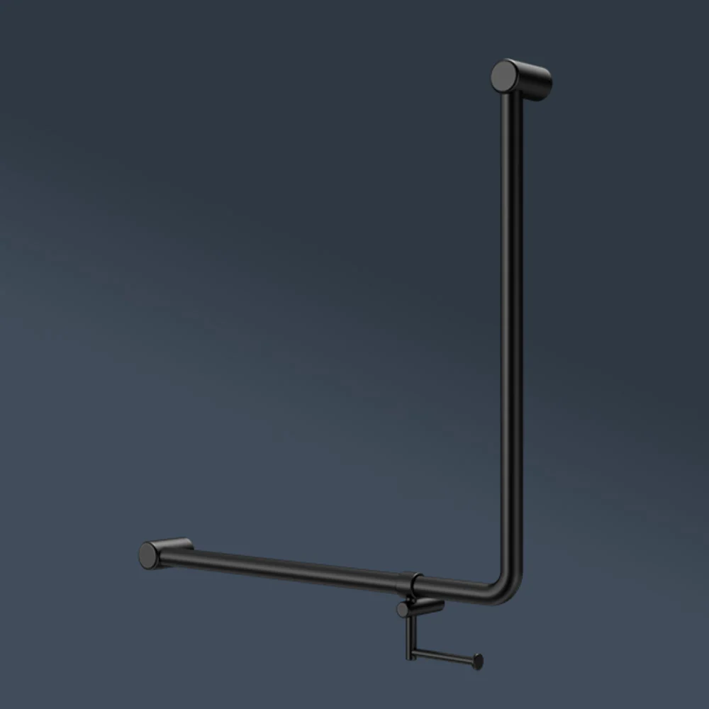 Nero Mecca Care 750x750mm 90 degree Bent Tube Grab Rail With Toilet Roll Holder Matte Black - Image 2