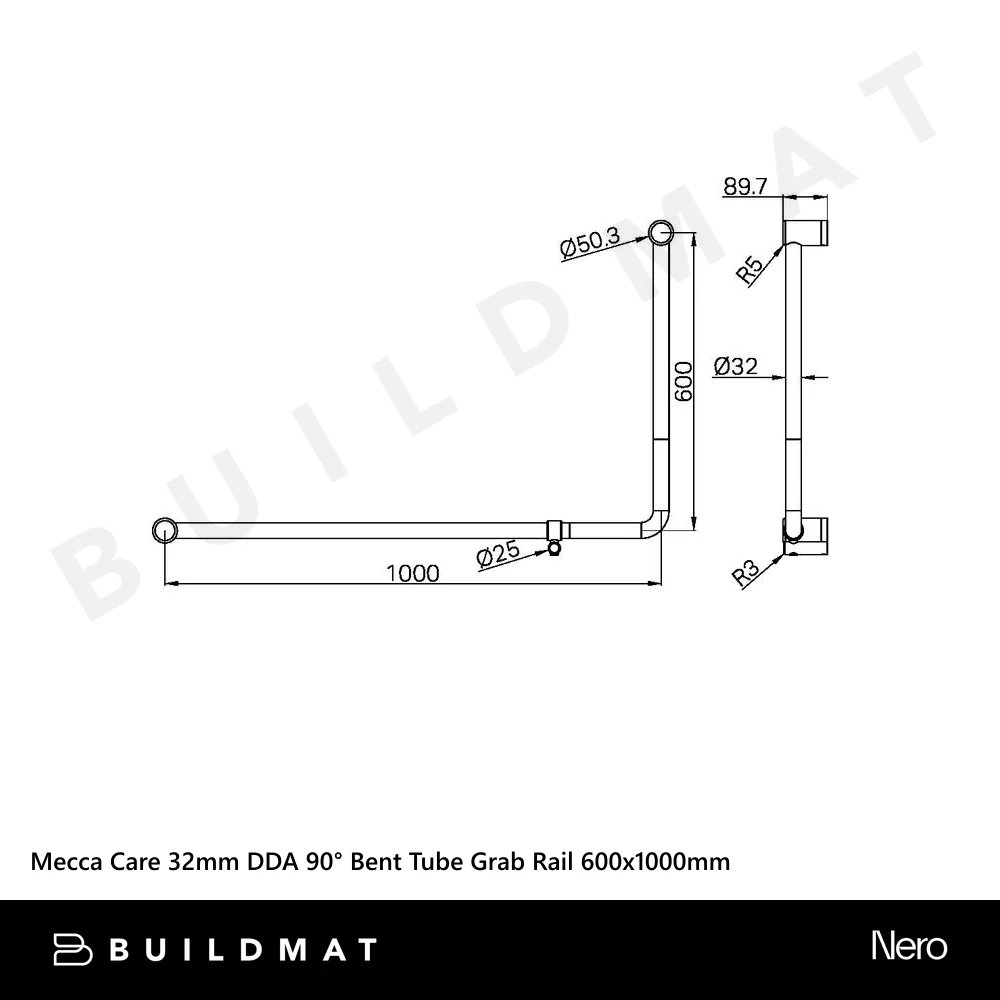 Nero Mecca Care DDA 600x1000mm 90 degree Bent Tube Grab Rail Brushed Gold - Image 4