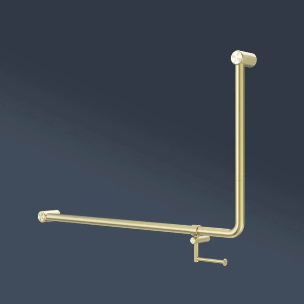 Nero Mecca Care DDA 600x1000mm 90 degree Bent Tube Grab Rail With Toilet Roll Holder Brushed Gold - Image 2